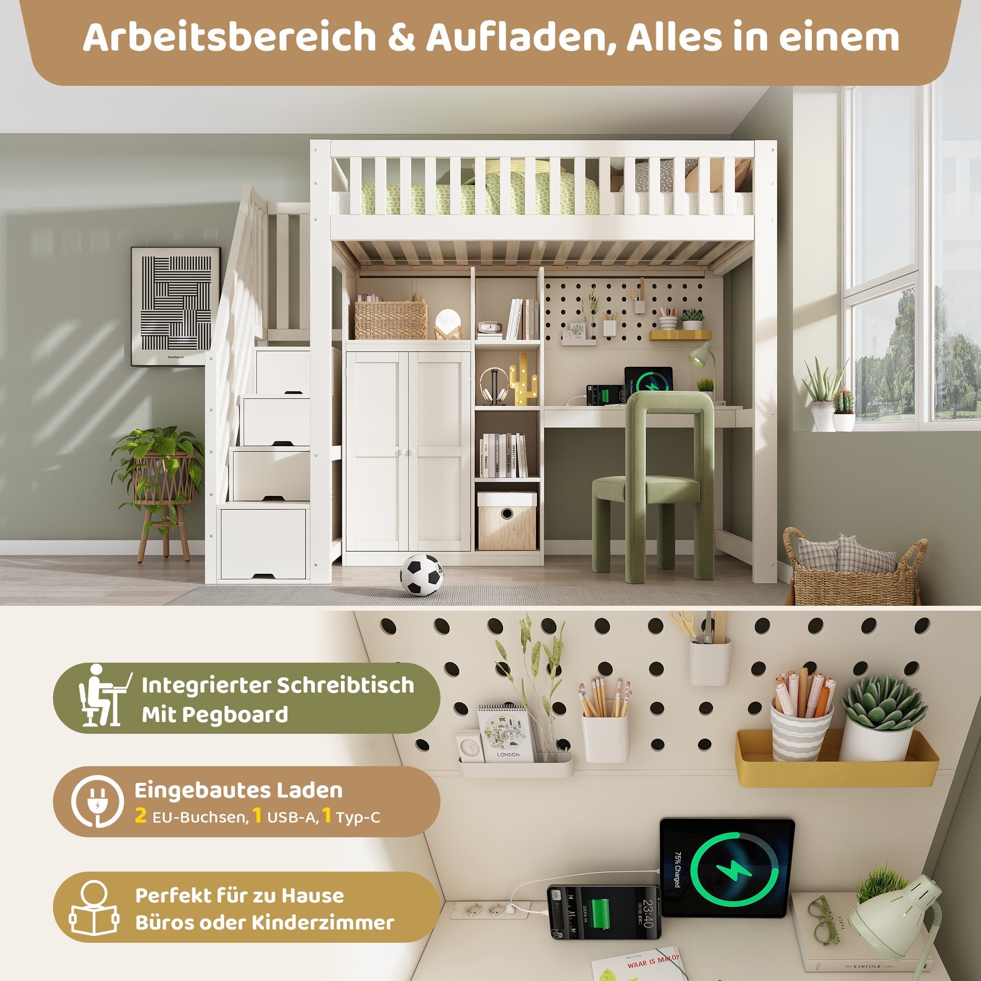Children's Loft Bed with Desk, Wardrobe, Ladder Cabinet and USB Ports, 90x200cm, White Wood