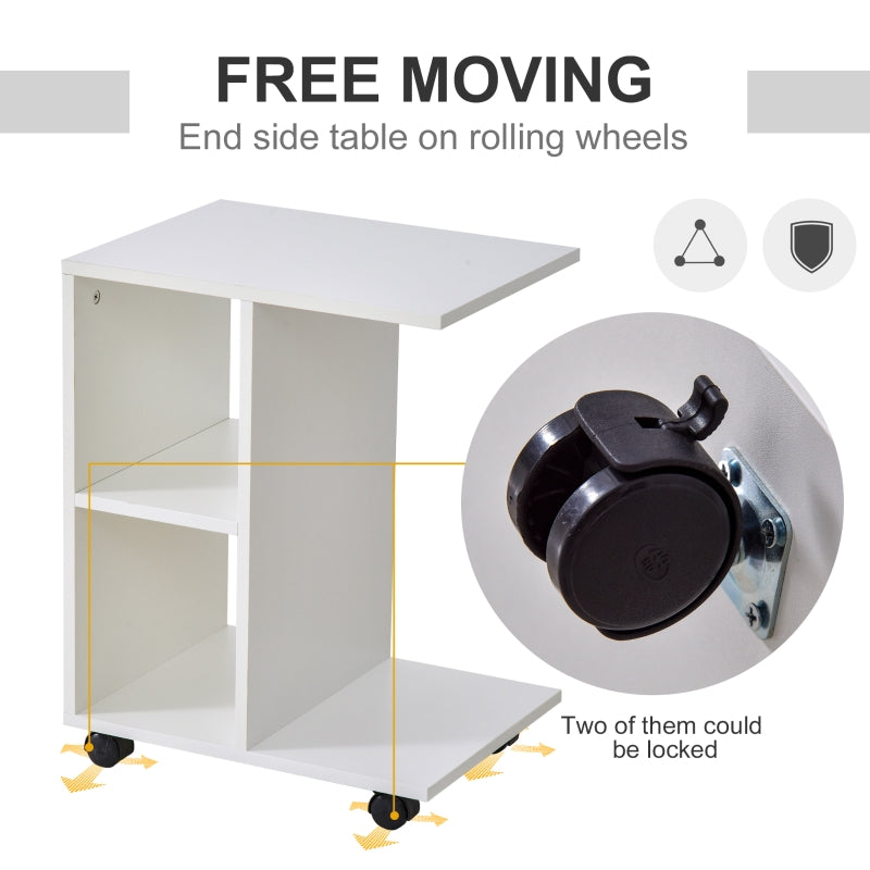 C-Shape End Table Freestanding Storage Unit with 2 Shelves and 4 Wheels, White