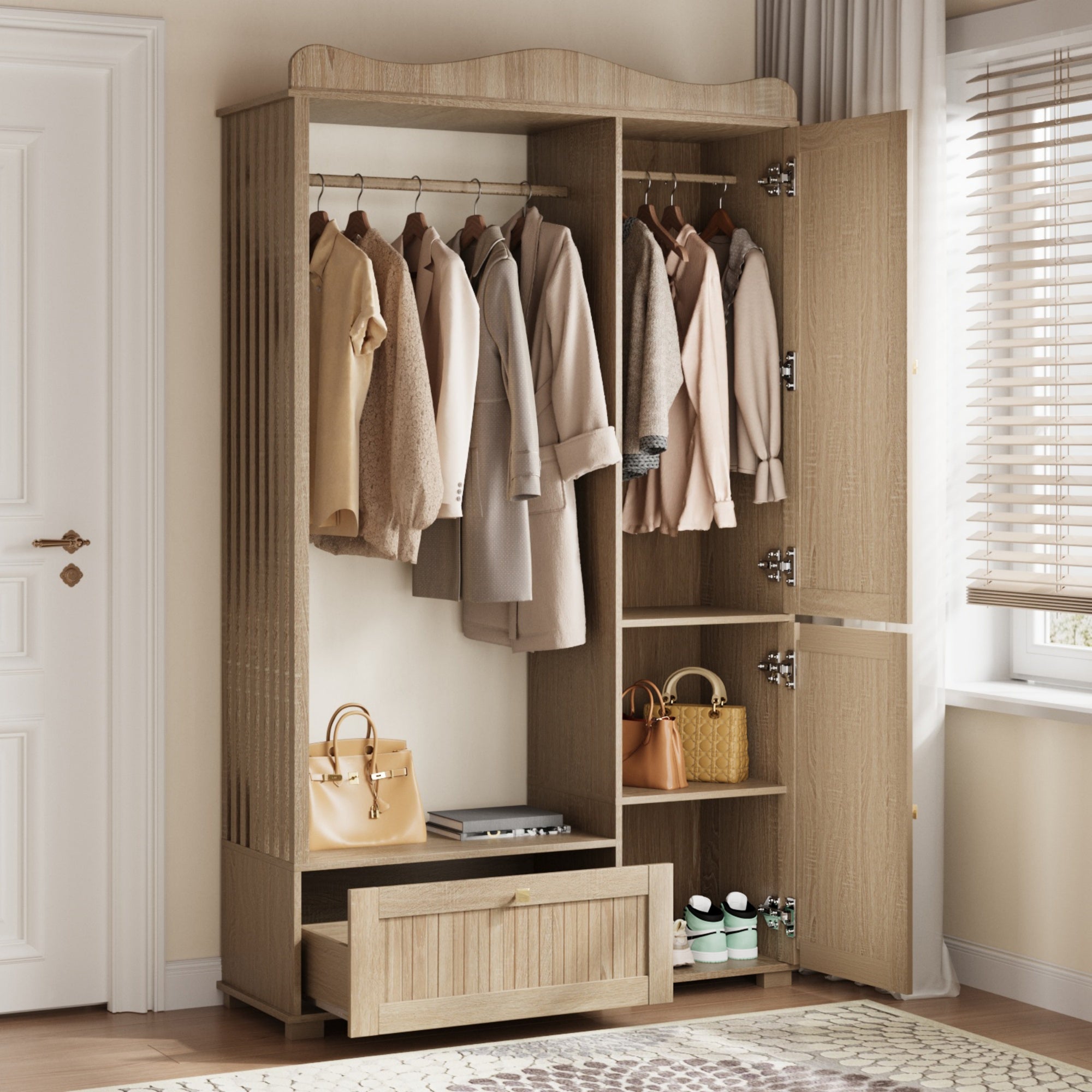 Wardrobe with Mirror and Open Clothes Rack, Drawer and 2 Doors, Wood Wood