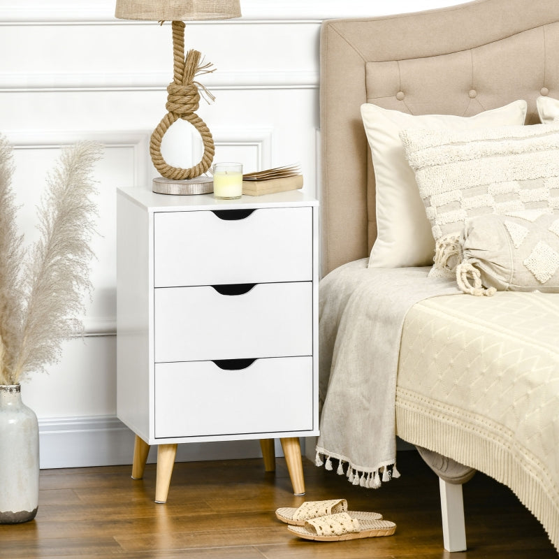 Bedside Table with 3 Drawers, Wood Legs, White