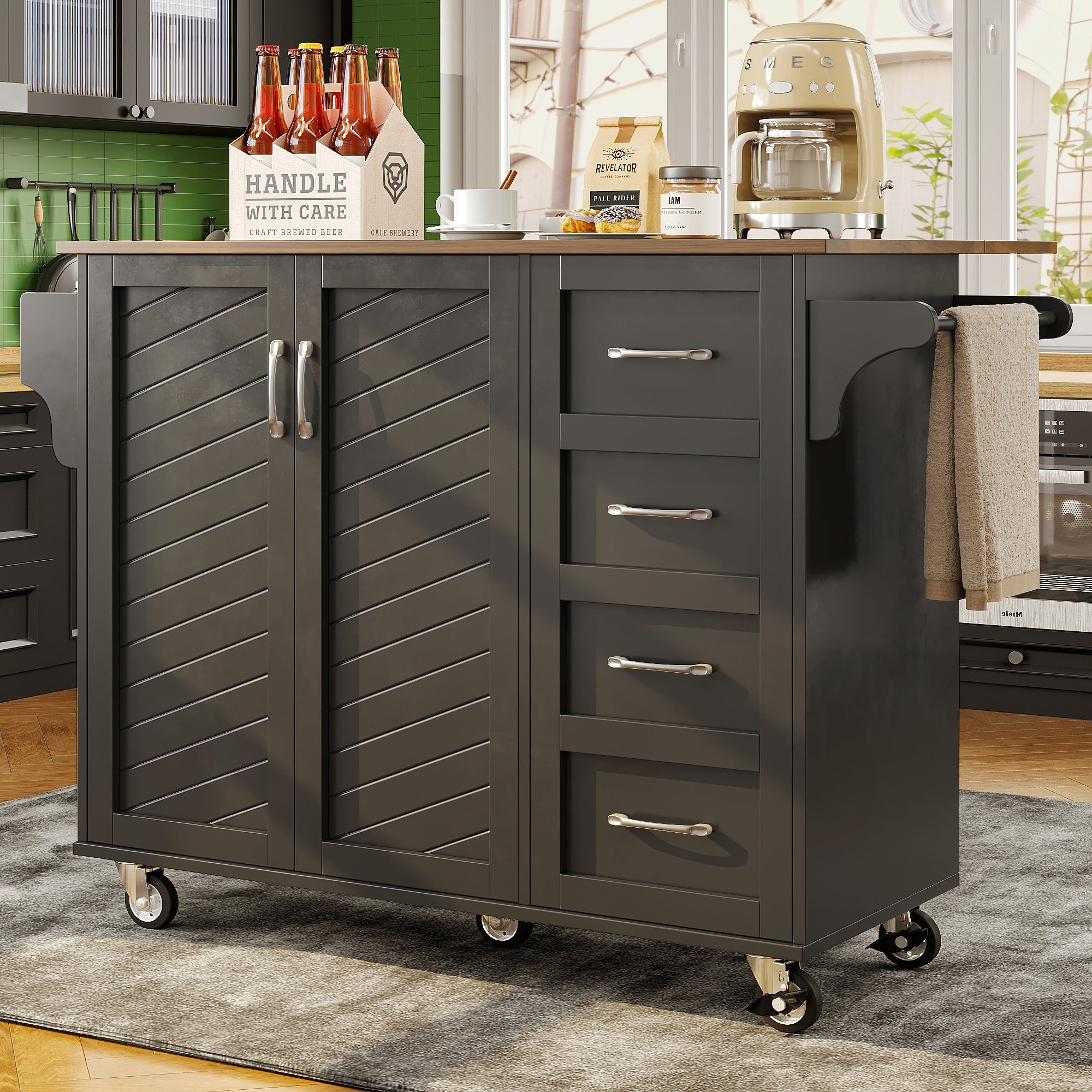 Kitchen Trolley Mobile Storage Striped Doors Towel/Spice Rack - Black