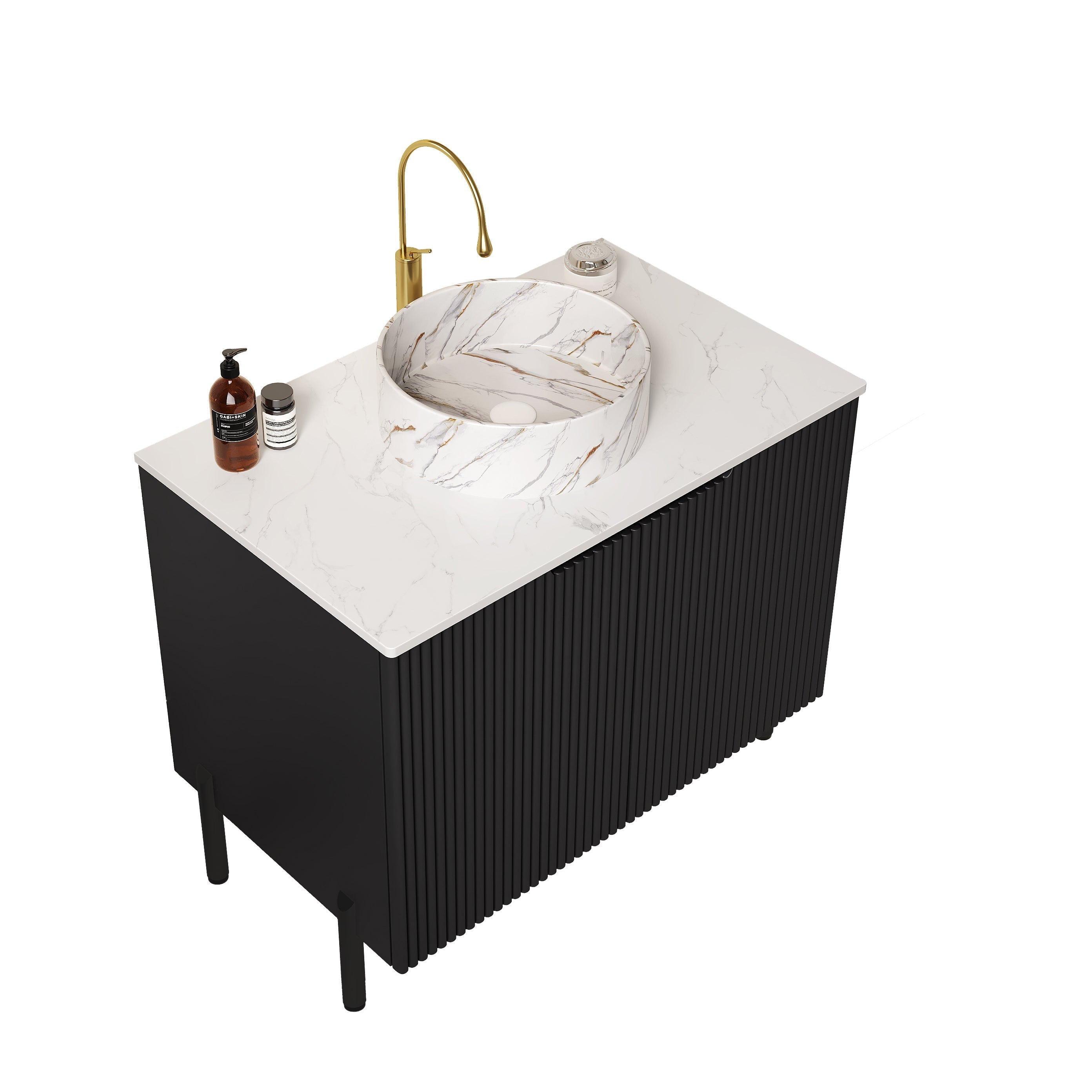 TURIO 76cm Freestanding Bathroom Vanity Unit with White Ceramic Basin and Double Doors, Black Finish
