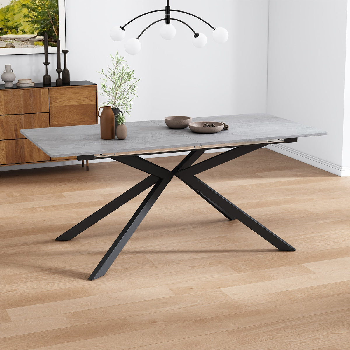 Extendable Dining Table Automatic Rectangular Cross Leg L150/180cm - Cement Pattern Black/Grey