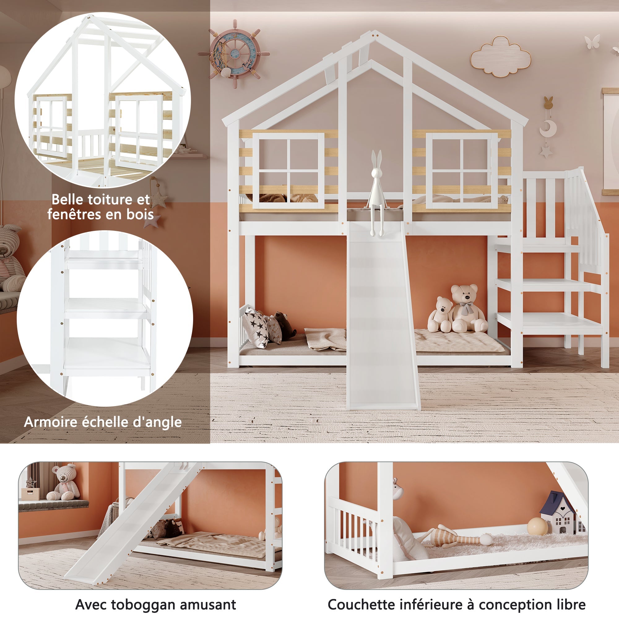 Bunk Bed, Wooden with Stairs, Slide & Window, Solid Wood, White