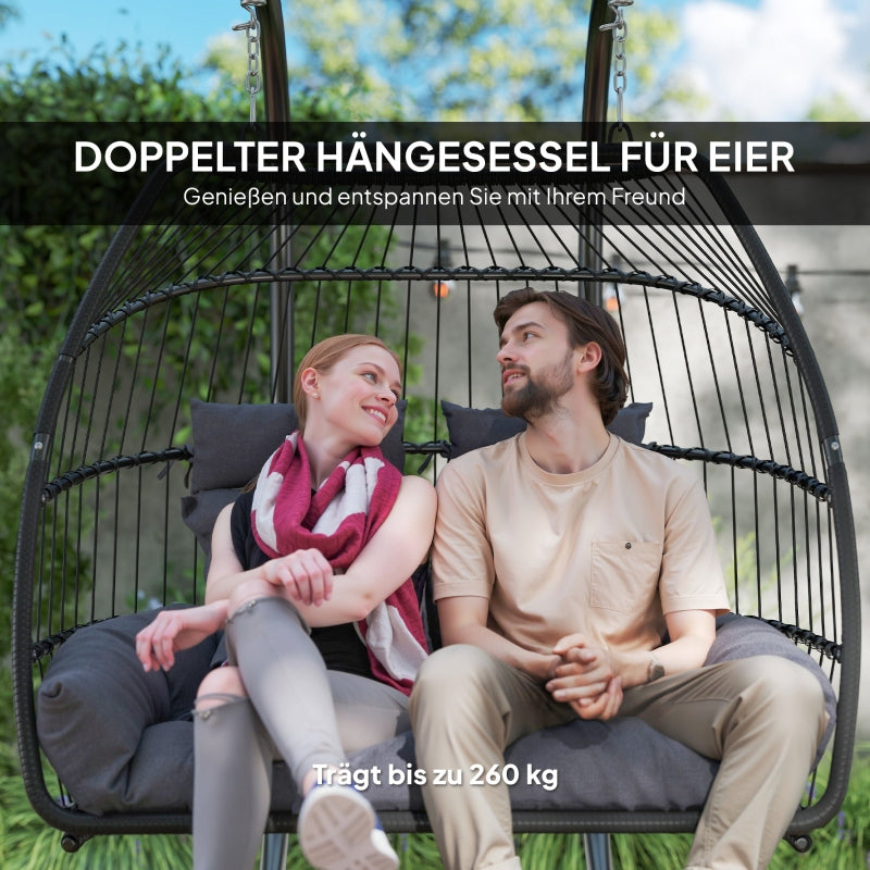 Hanging Chair with Frame, Foldable Basket with Cushion, Ergonomic Swing for 2 people, 260 kg capacity, Dark Gray