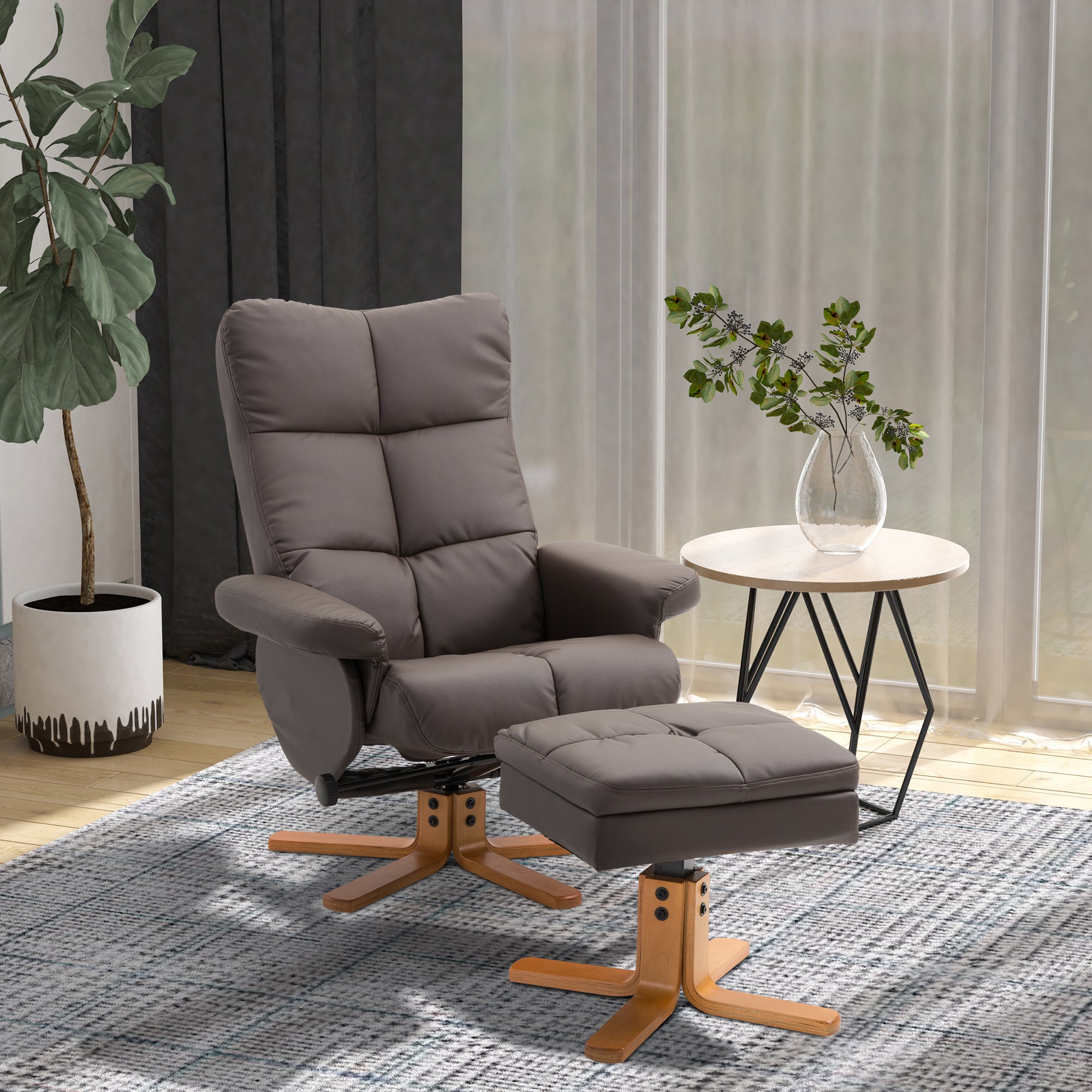 Reclining Armchair Footstool Storage Swivel, PU Wood Frame, Brown
