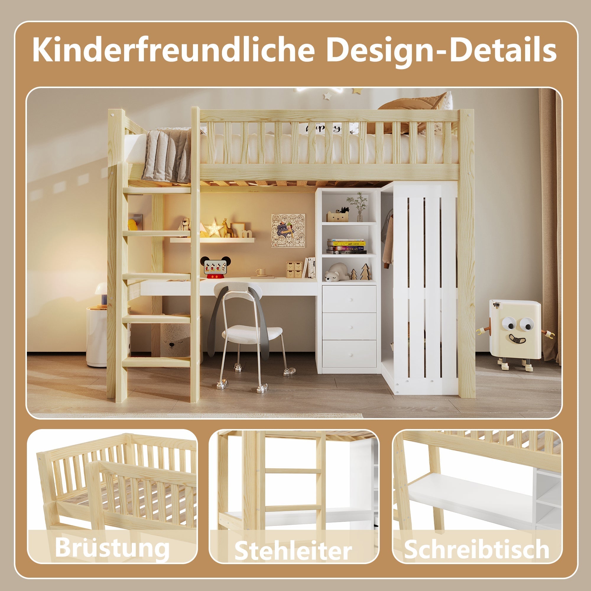 Loft Bed with Desk, Wardrobe and 3 Drawers, Natural