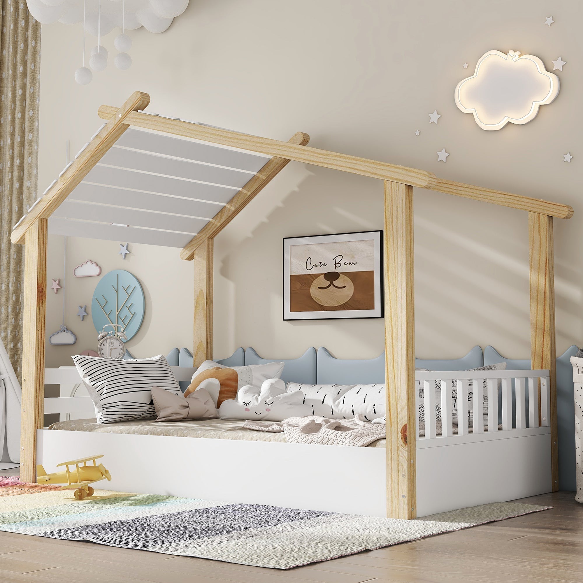 Wooden Bed, House Design Single with Slatted Frame, Pine & MDF White & Natural