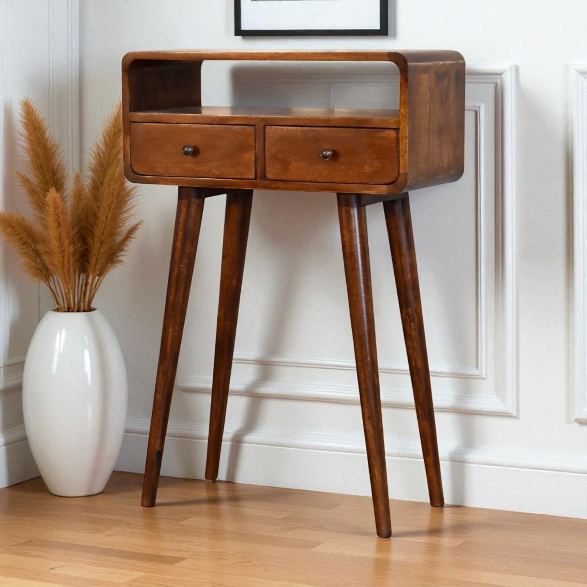 Mini Console Table, 2 Drawers Open Slot, Solid Wood Dark Brown