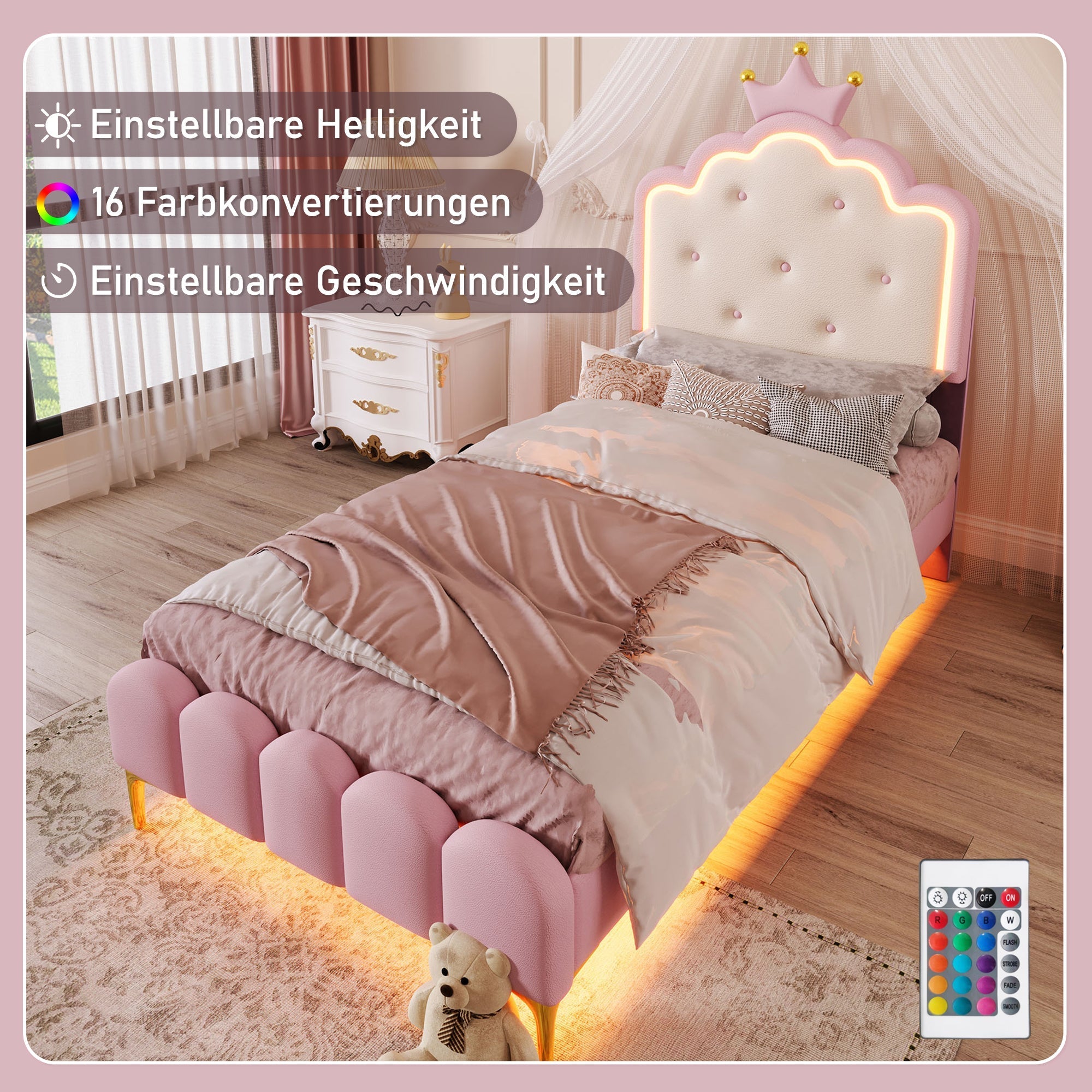 Upholstered Bed Princess Shape 90x200cm Ambient Light Pink PU Material
