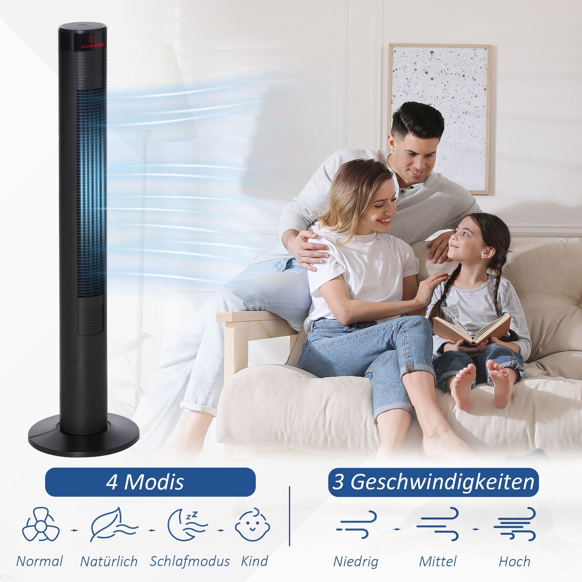 Tower Fan, 45W 70° Oscillation 12H Timer 3 Quiet Speeds, Black