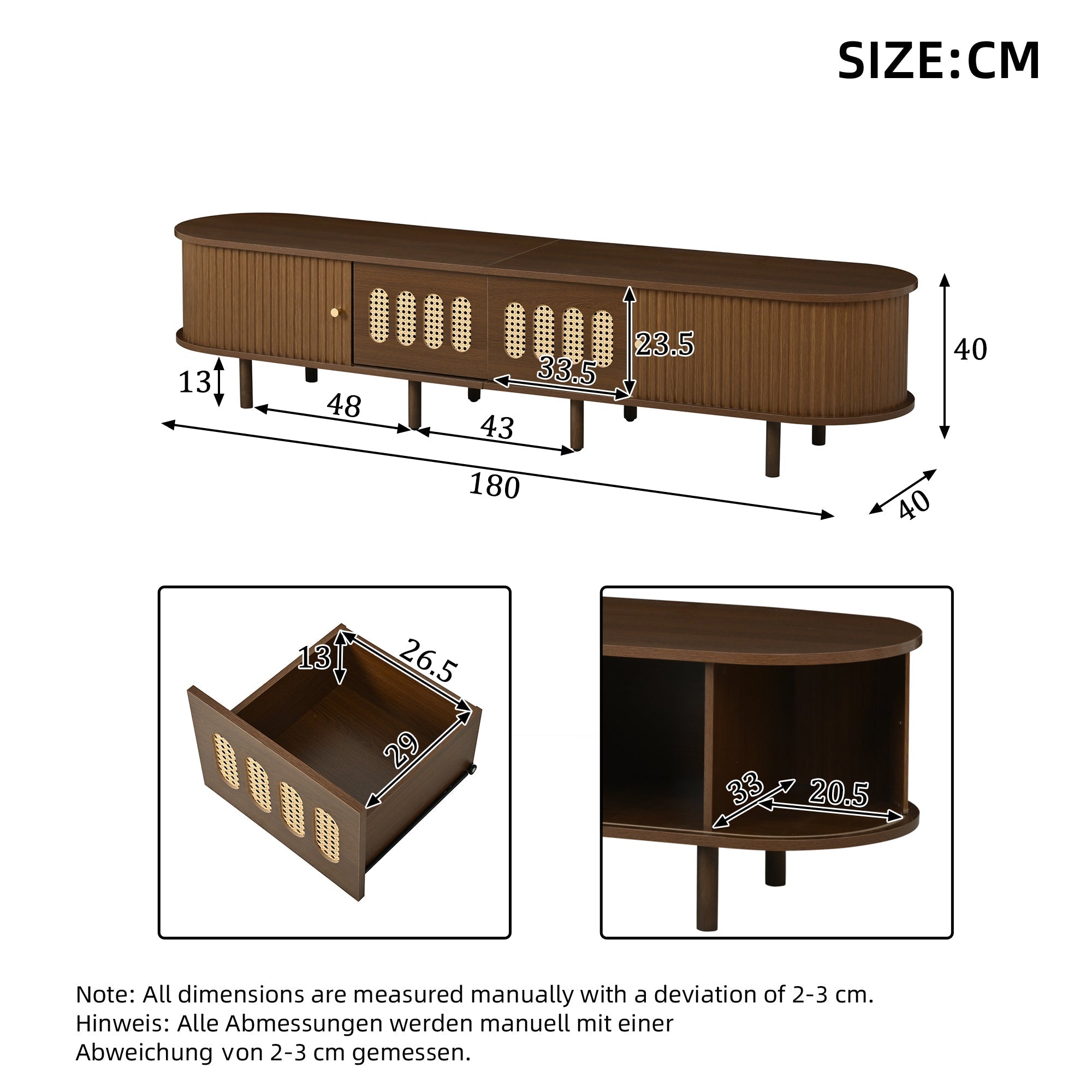 Oval TV Stand Rattan Design 180cm 2 Drawers - Dark Walnut