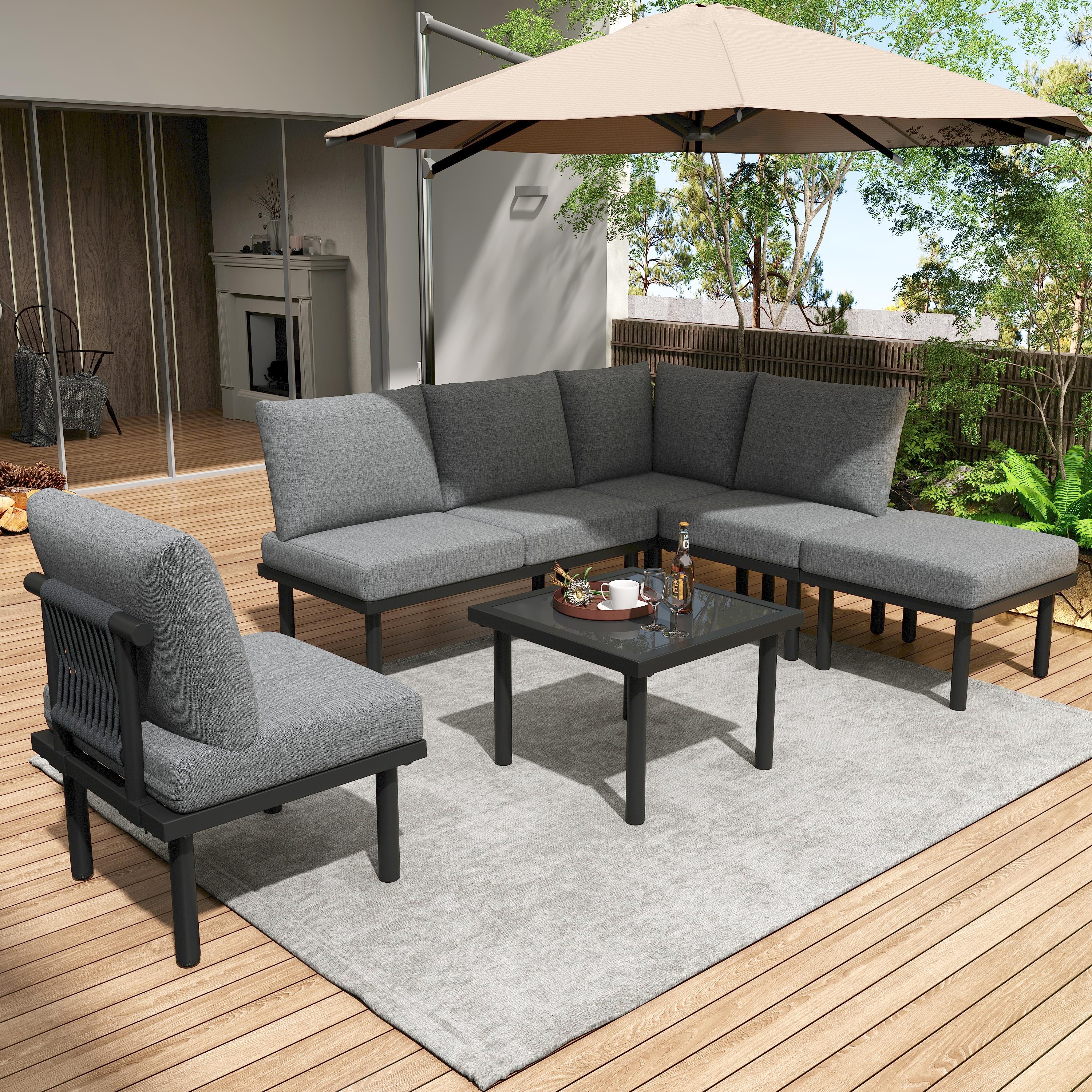 Garden Lounge Set with Galvanized Iron Frame, 6-Piece, Rope, Grey