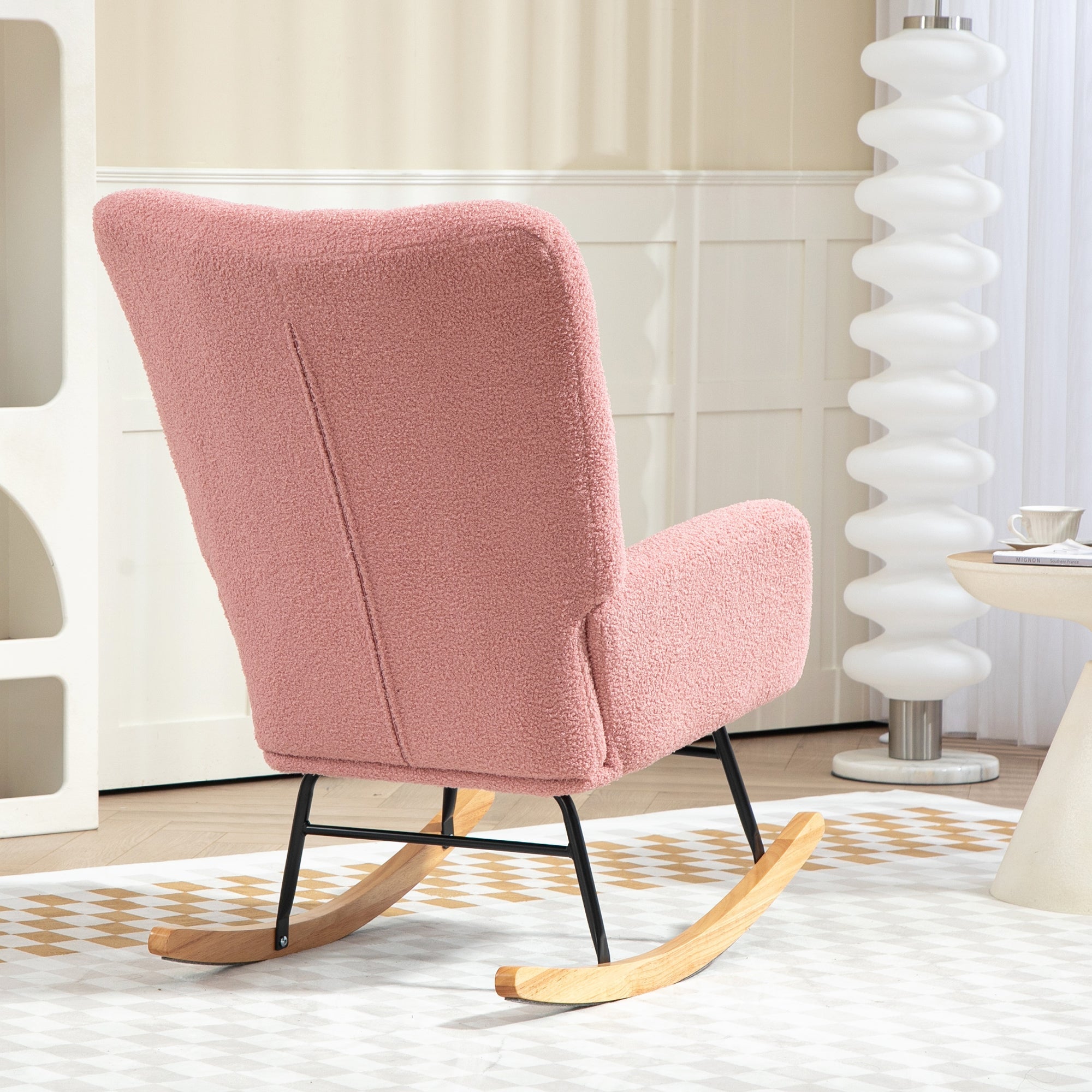Rocking chair with armrests, teddy velvet, pink