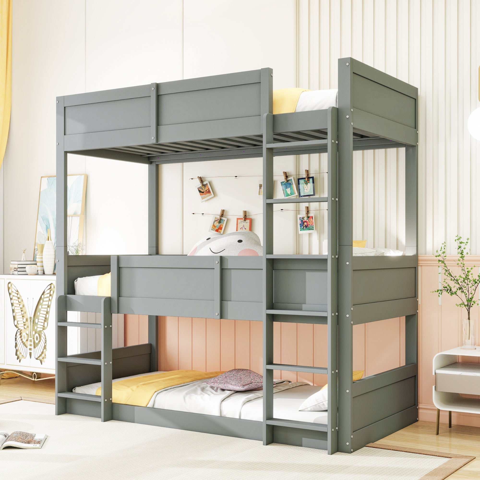 Triple Bedroom Bed 90x200cm Bunk High Fence Solid Wood, Grey