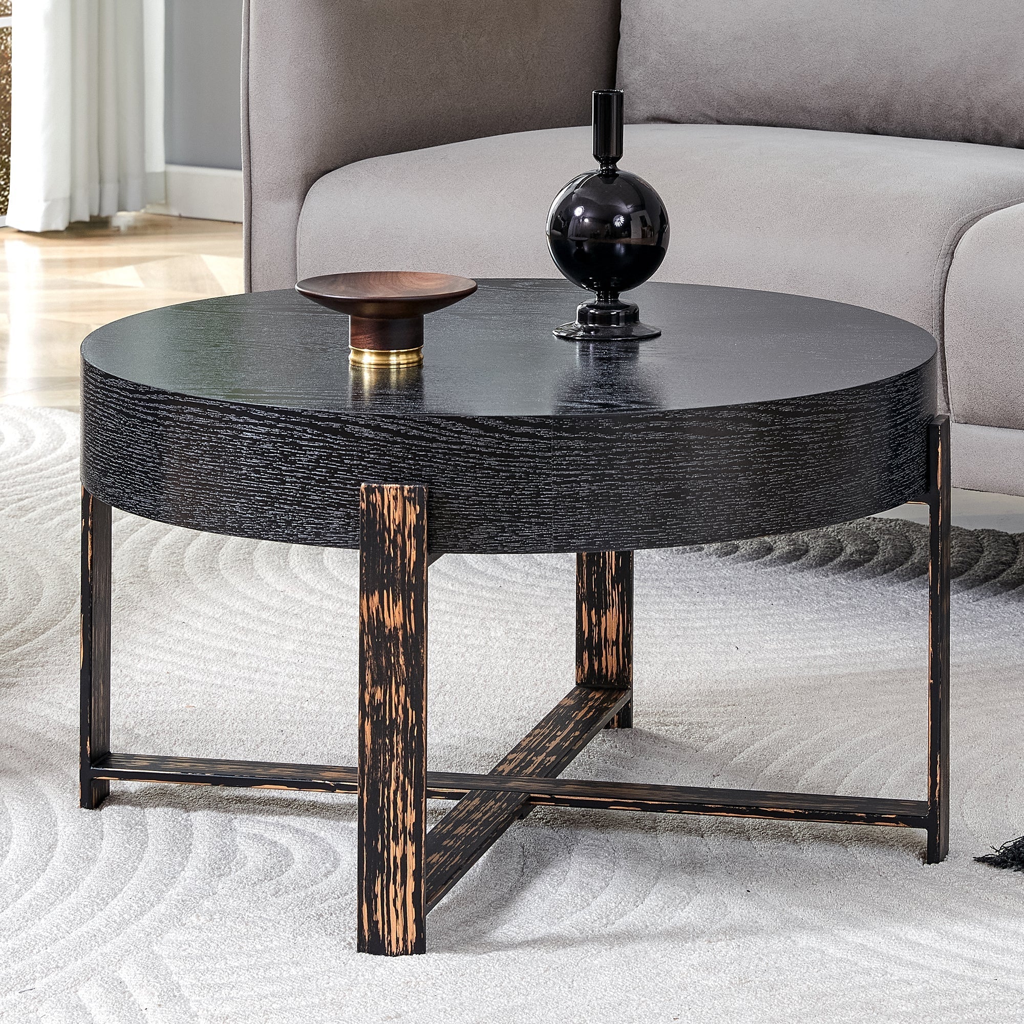 Round Side Table Modern Minimalist Ø 68 cm Metal Cross-Legged - Black