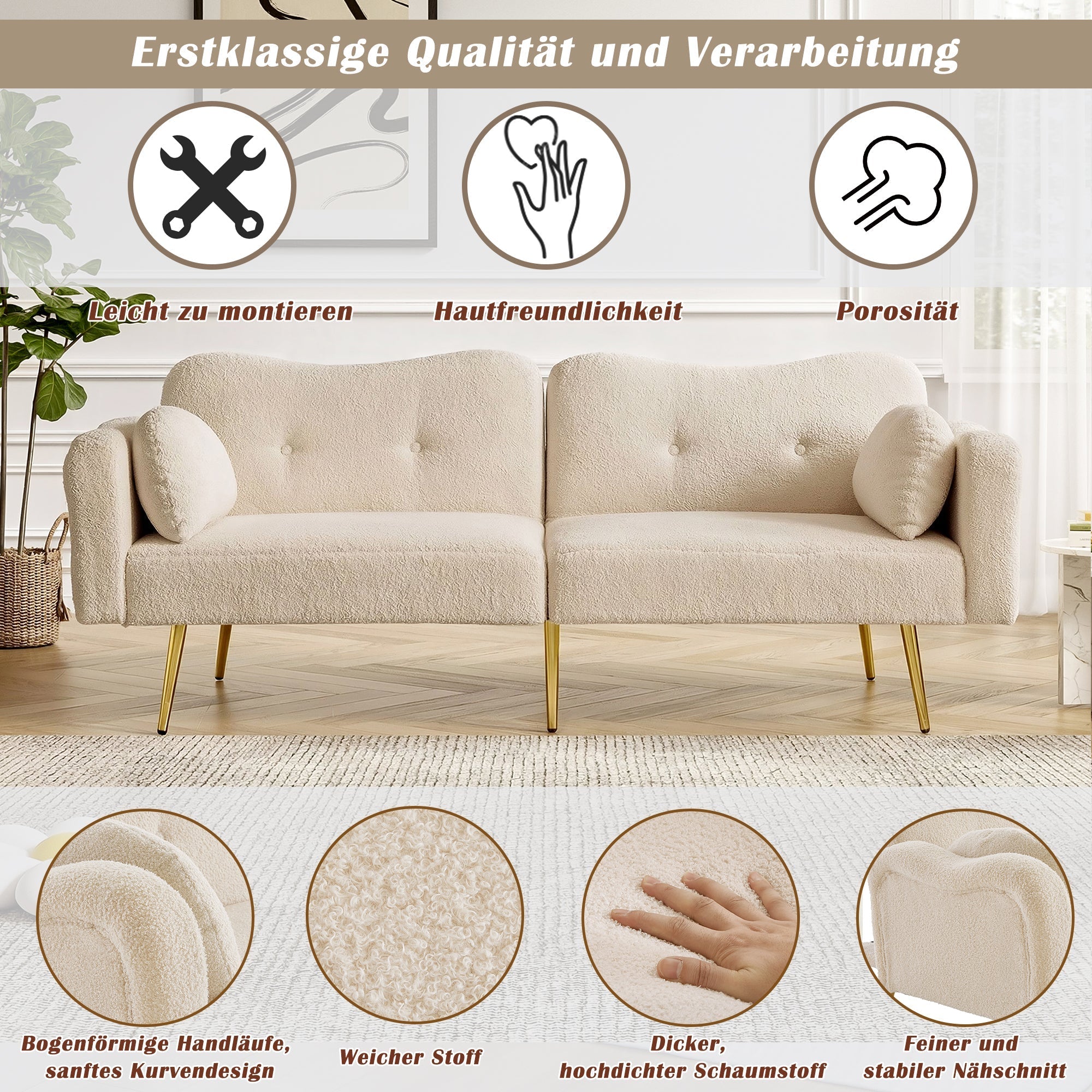 Sofa Bed 2-Seater Adjustable Backrest Gold Metal Feet