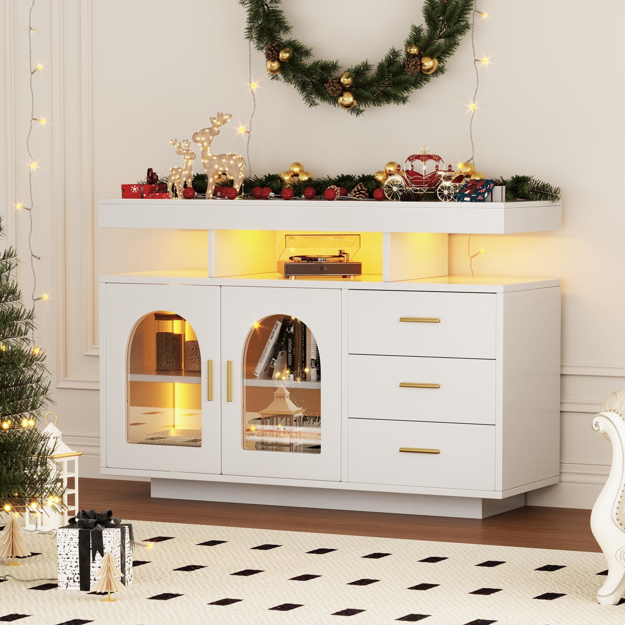 LED Sideboard Buffet 120cm High Gloss Coffee Bar Drawer Cabinet 16 Color Lights White