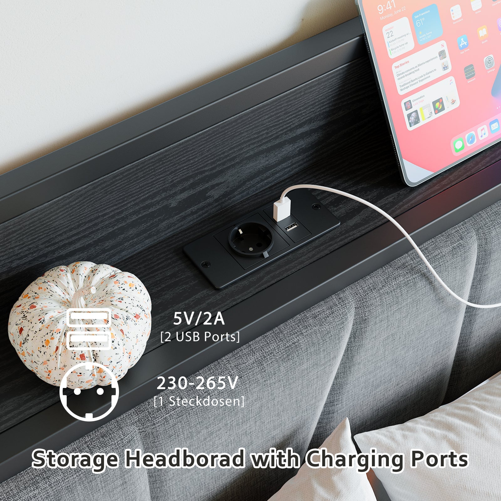 Bed Frame 120x200cm Smart LED USB Memory Headboard - Metal Slatted
