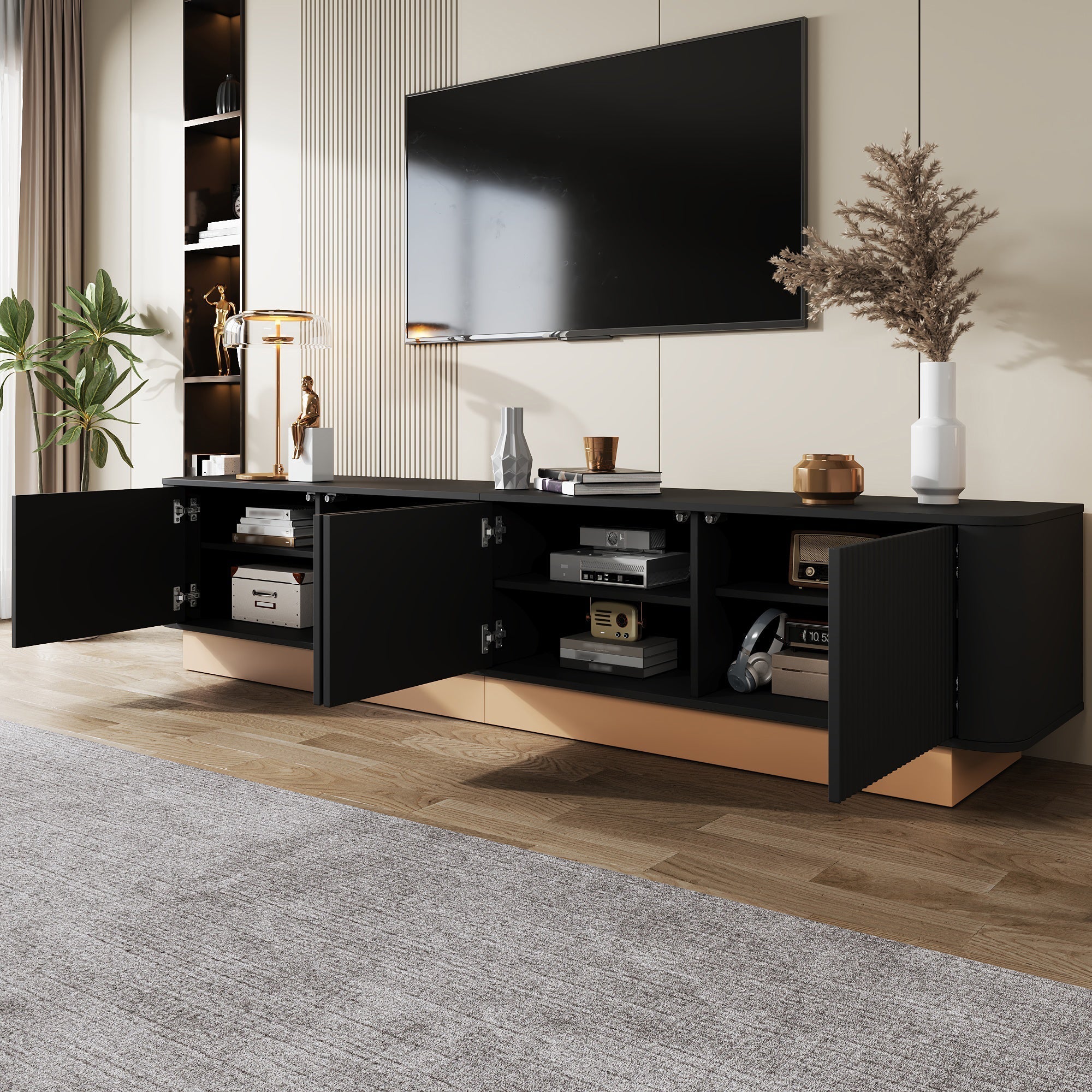 200cm TV Lowboard with 4 Doors and Adjustable Shelves, Modern Minimalist Style, MDF Material
