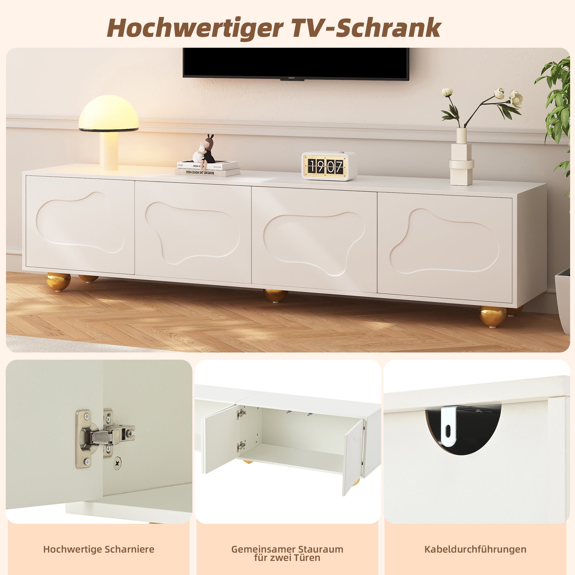 TV Cabinet, Cloud-Shaped Lowboard with 2 Cabinets, 75-inch