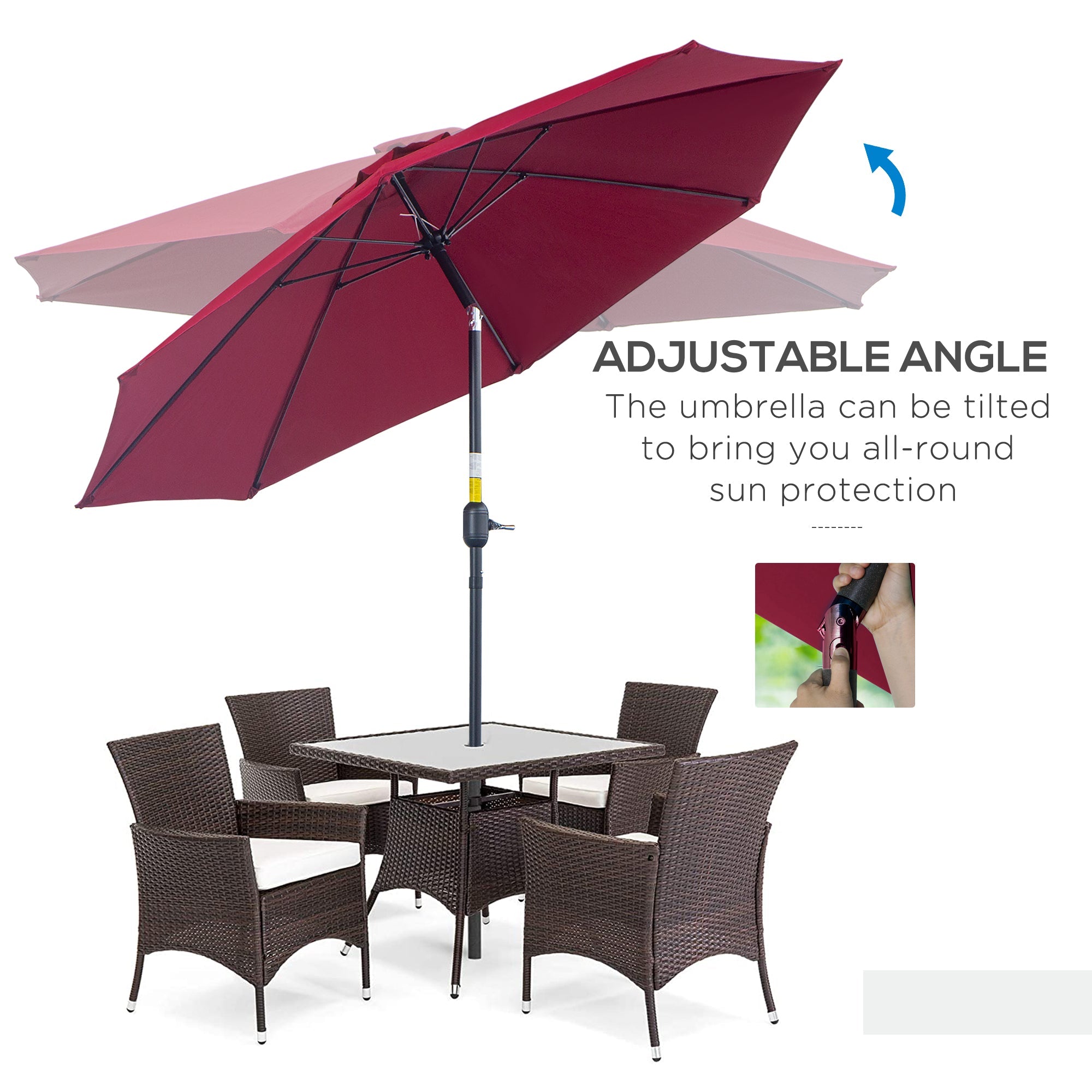 Garden Parasol Umbrella, 2.7M Tilting Aluminium Frame Sun Shade, Wine Red
