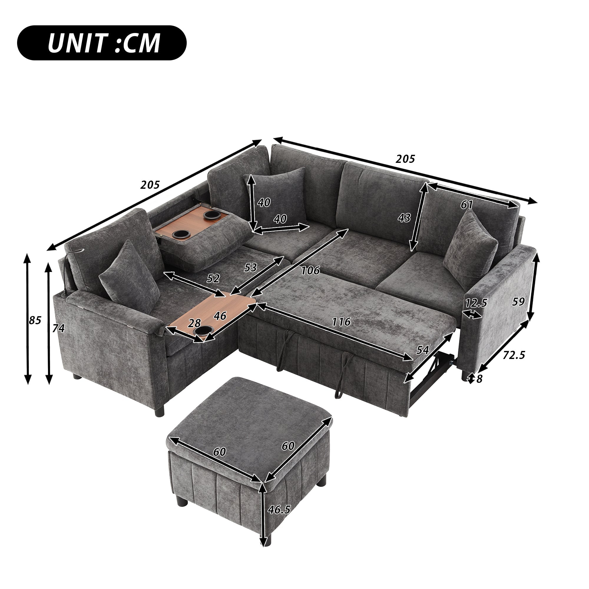 Chenille Corner Sofa Bed with Ottoman, USB Charging and Hidden Table, Grey