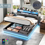 5ft King Upholstered Bed Frame with Hydraulic Storage, LED Headboard, Charging Station, USB/Type-C Ports, Linen Grey