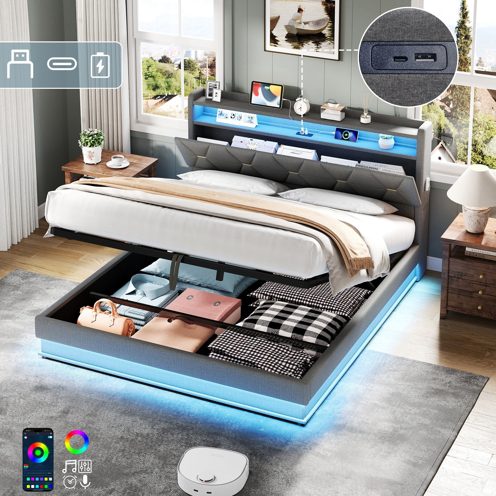 5ft King Upholstered Bed Frame with Hydraulic Storage, LED Headboard, Charging Station, USB/Type-C Ports, Linen Grey
