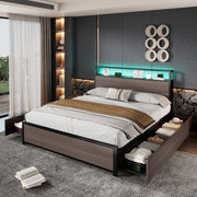 Metal Bed, 4ft6 Double with LED Lights, 4 Drawers, and USB/Type C Ports, Wrought Iron Grey
