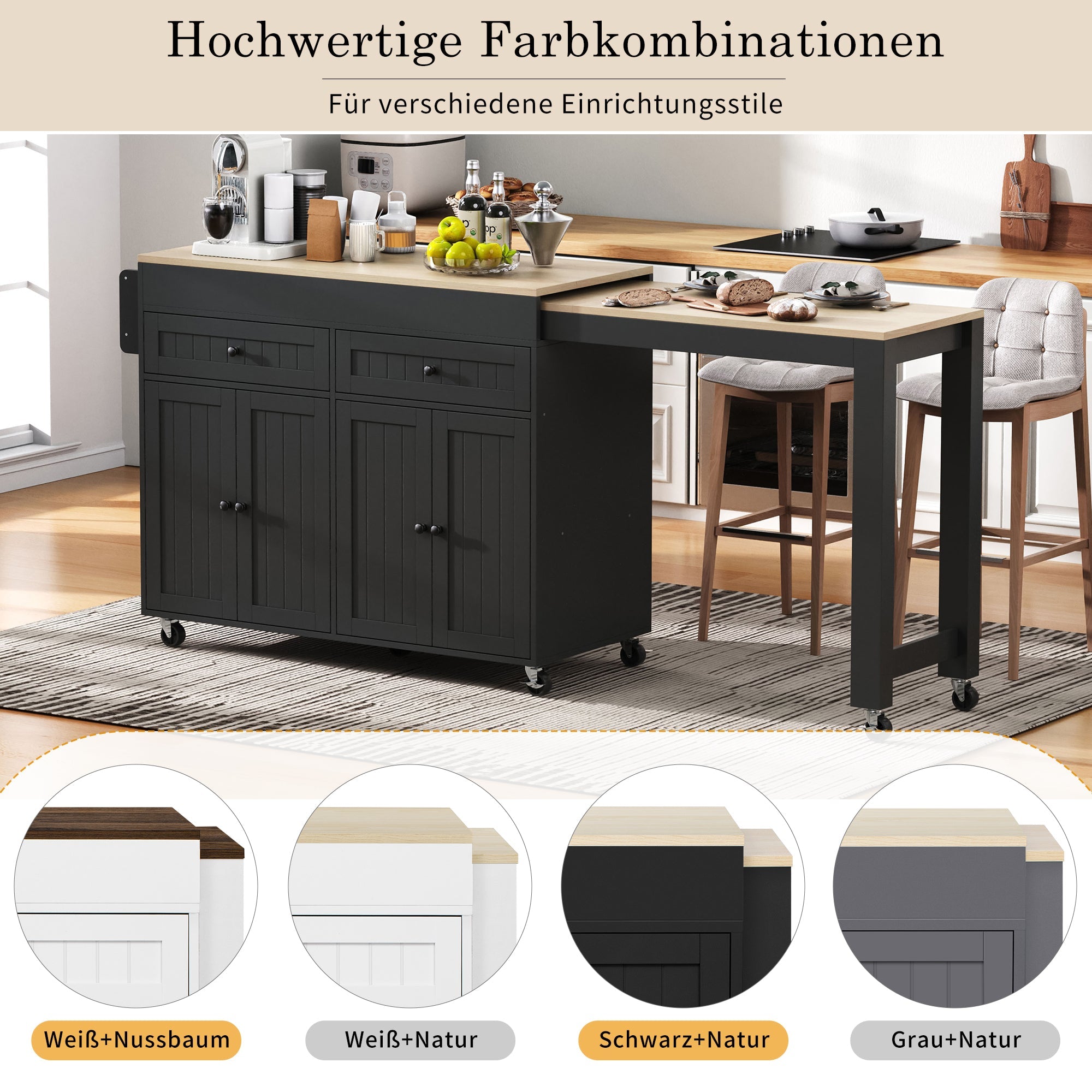 Kitchen Island, Mobile with Extendable Dining & Drawers, Black + Natural