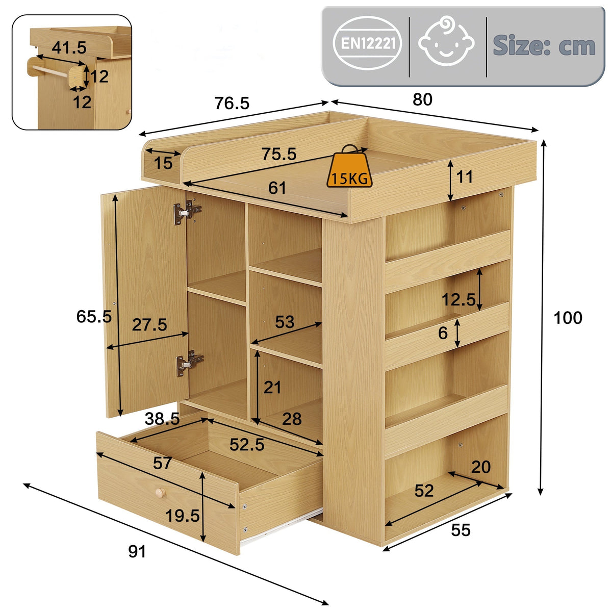 Changing Table with Cabinet, Drawer and Side Storage, Natural Wood Color