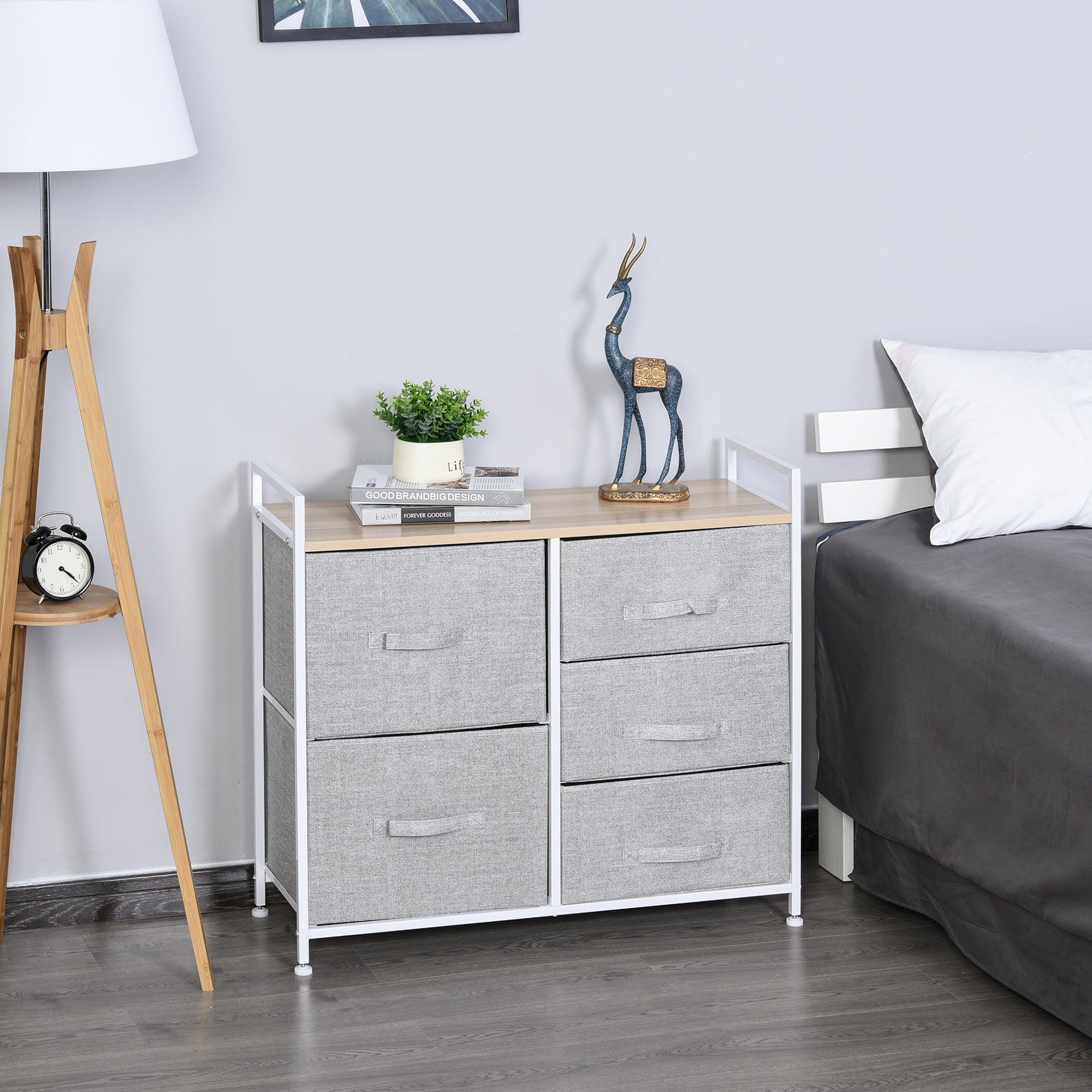 Chest of Drawers, 5 Fabric Drawers, Grey Fabric Wood Metal Frame