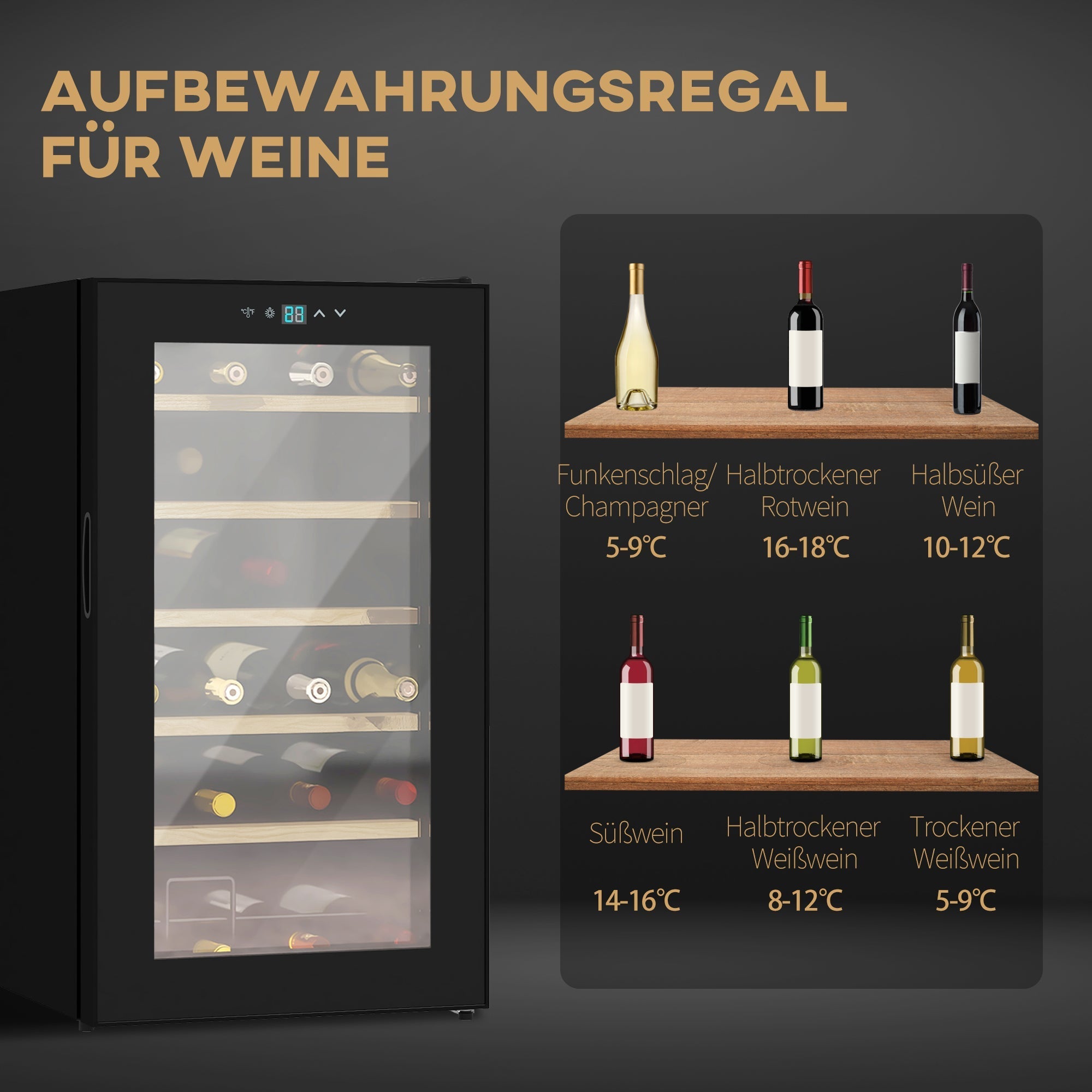 Small Wine Cooler, 24 Bottle Adjustable Temperature LED Lighting, Black