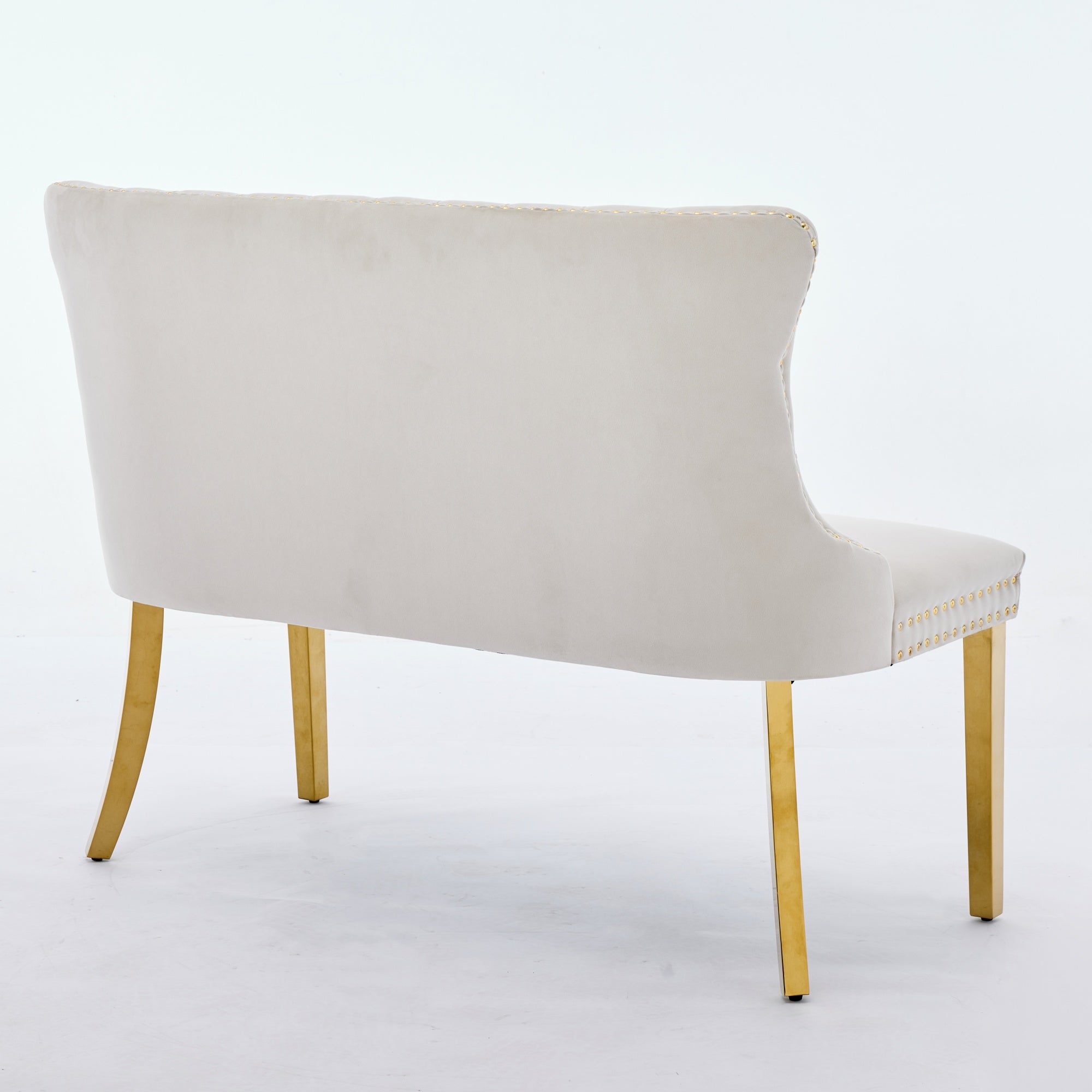Velvet Double Dining Loveseat Bench, 2-Seat Tufted Wing Back Gold-Plated Steel Legs, Beige Velvet