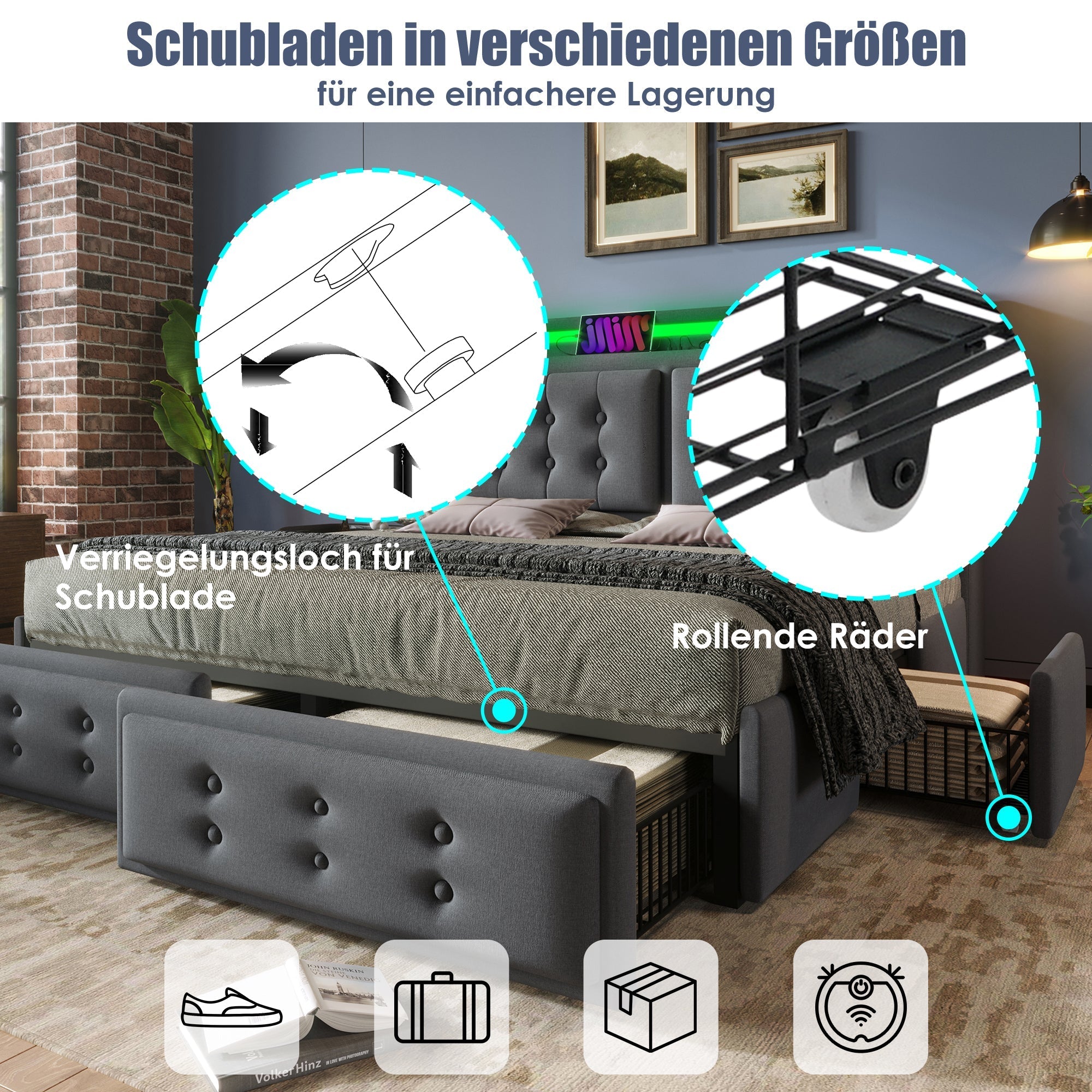 Upholstered Bed 160x200, LED Headboard with USB C & 4 Drawers, Gray Cotton