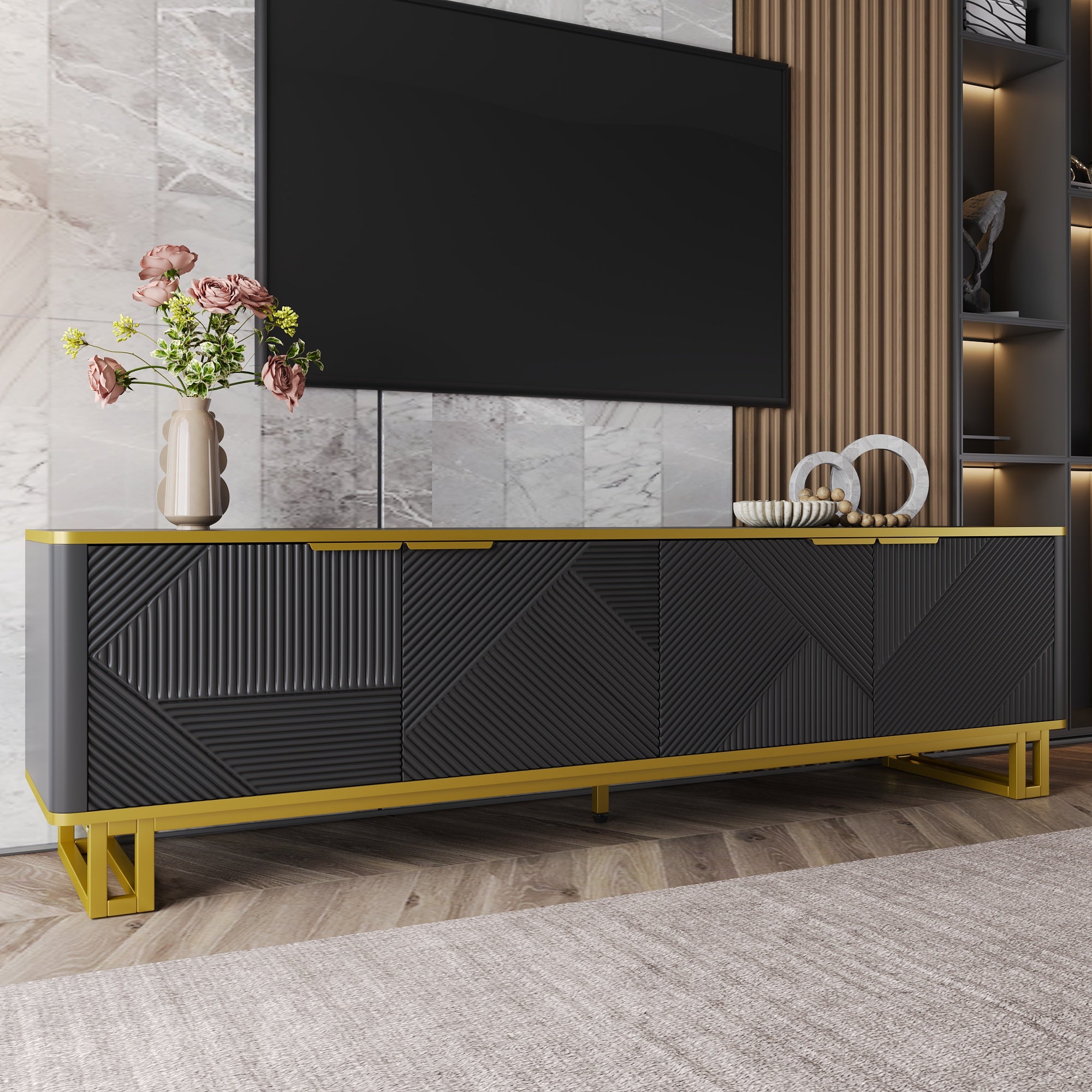 Low TV Stand 4 Doors Geometric Texture 160cm