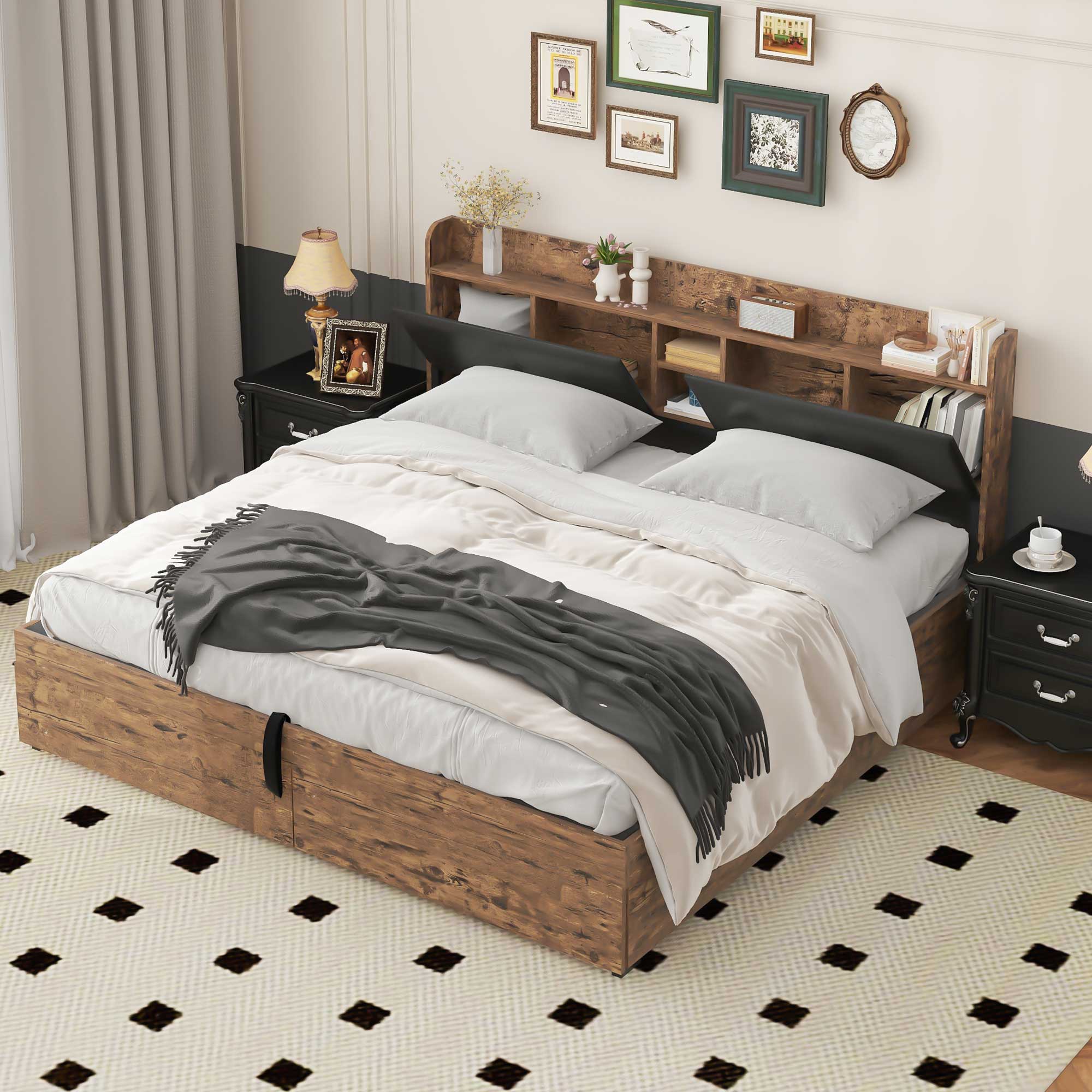 Hydraulic Metal Double Bed with Storage Headboard and Slatted Base, 180x200cm, Wood Color and Black