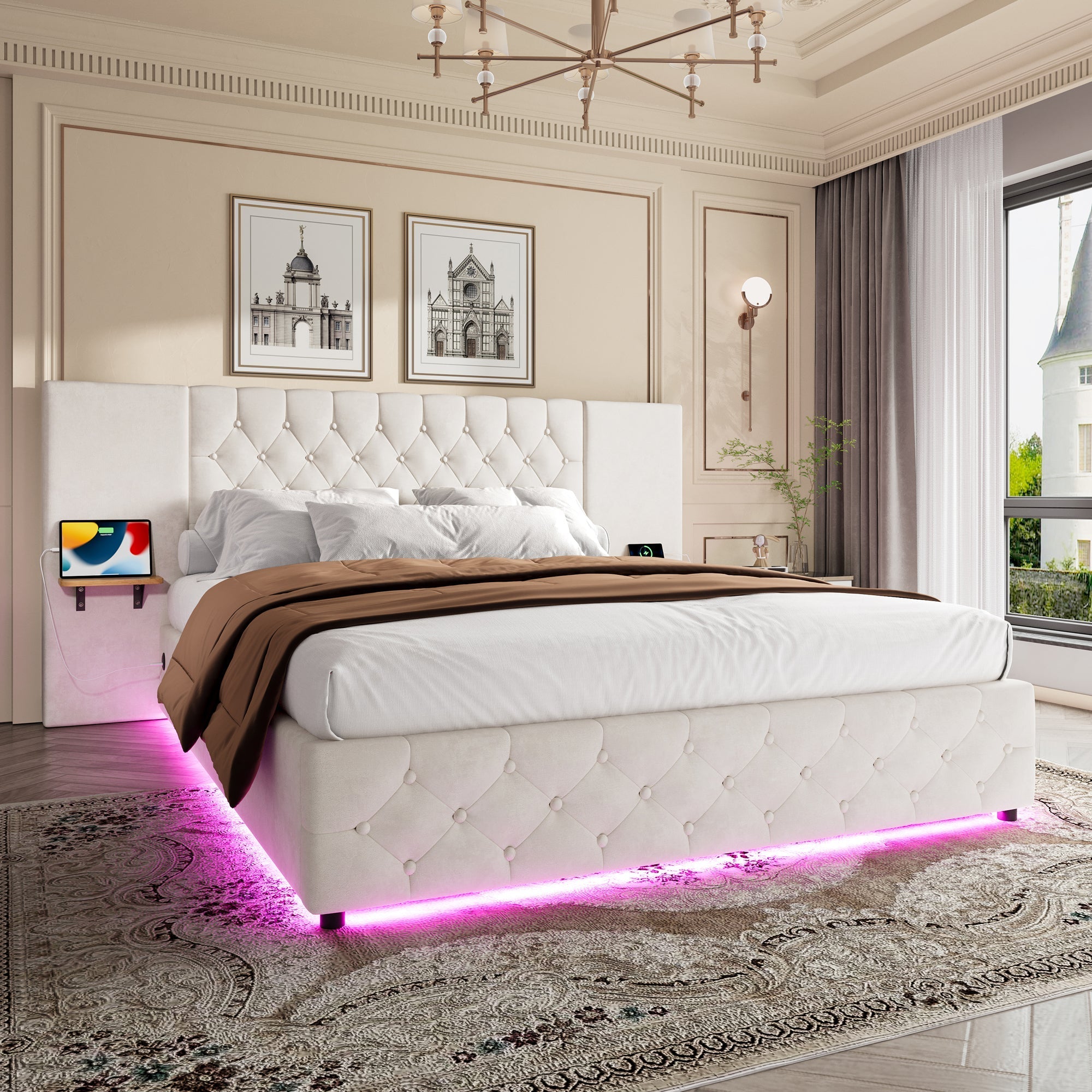 Modern Bed Frame 135x190, Wide Headboard, LED, USB-C Ports, Hydraulic Lift Storage, Beige