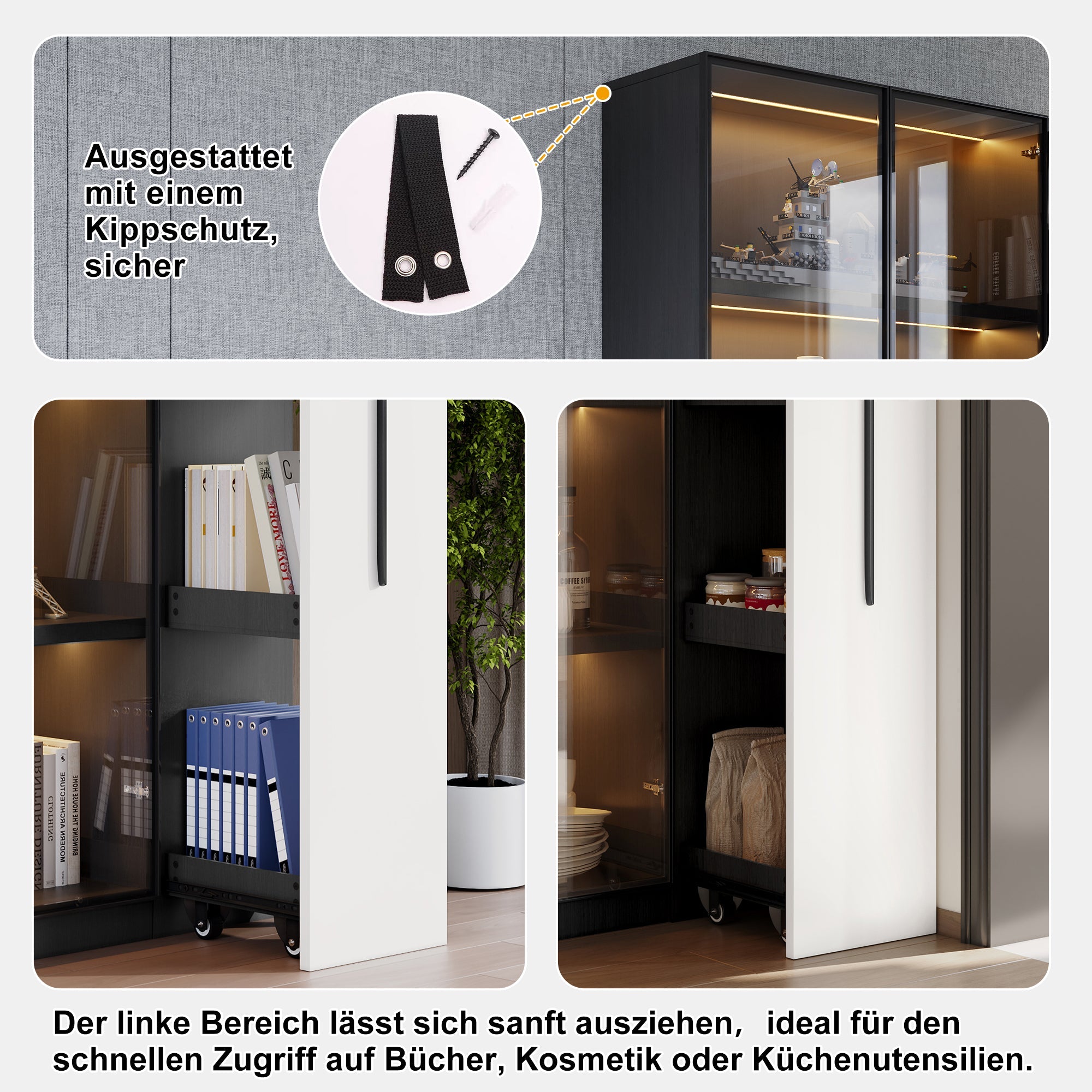 Multifunctional Cabinet 110.5x160cm Display LED Rolling Drawer, White/Black