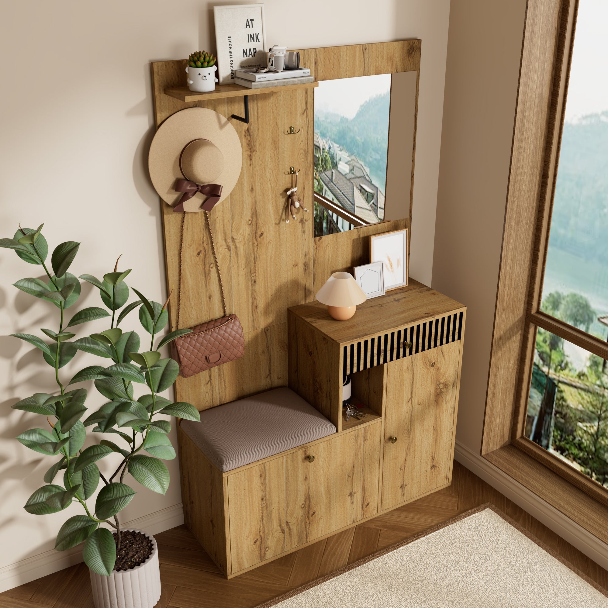 Wardrobe Set, Hallway Mirror Cushion Shoe Cabinet, 110x185.5x37cm