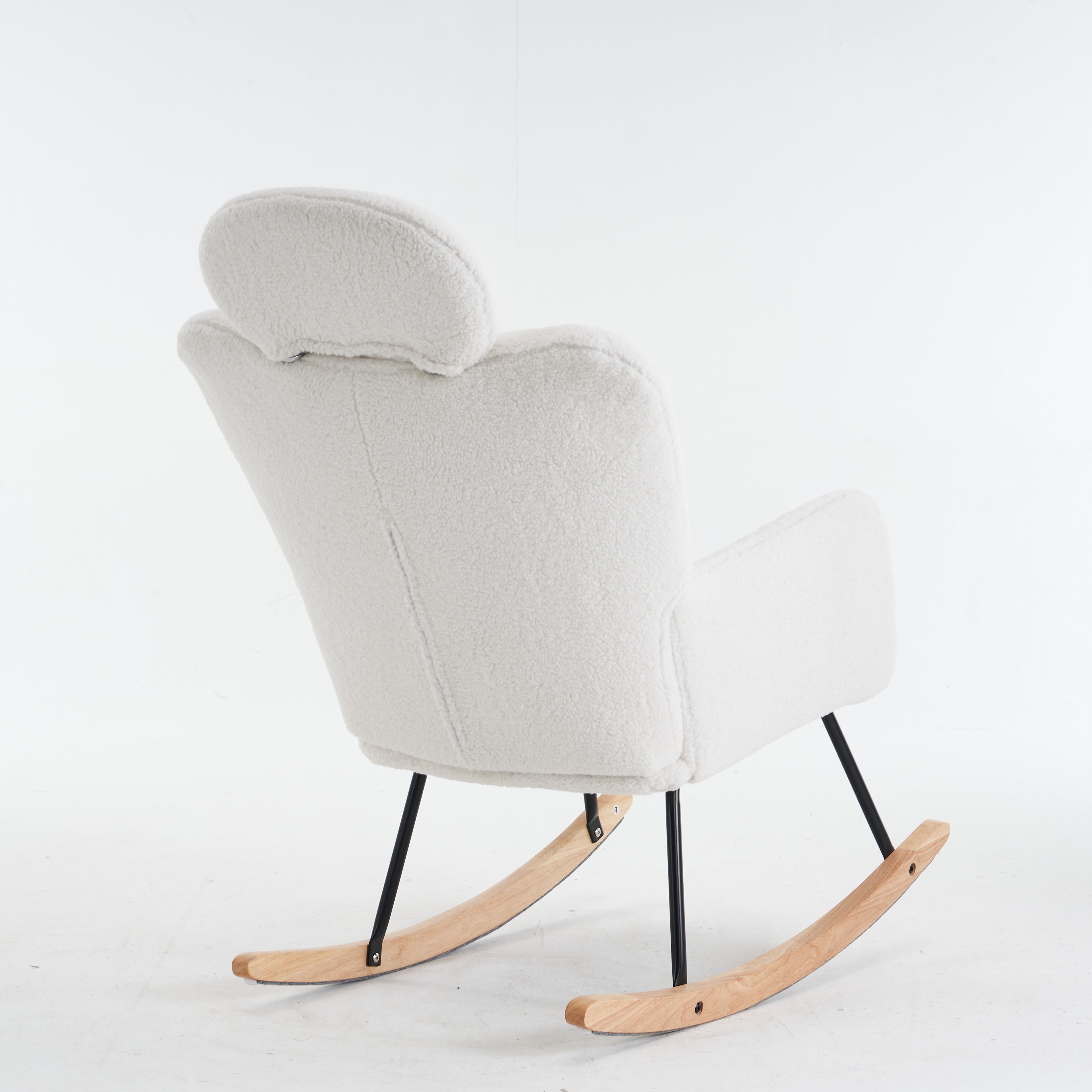 Teddy Fabric Rocking Chair, Tufted Upholstered with Headrest and Foldable Footrest, Ivory White
