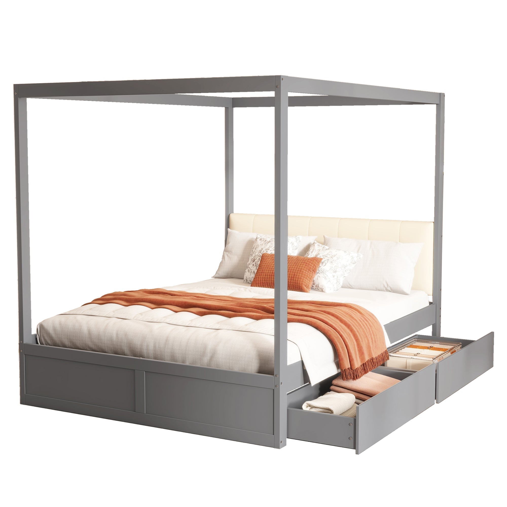 Canopy Bed 140x200cm Large Drawers Soft Headboard, Wooden Grey