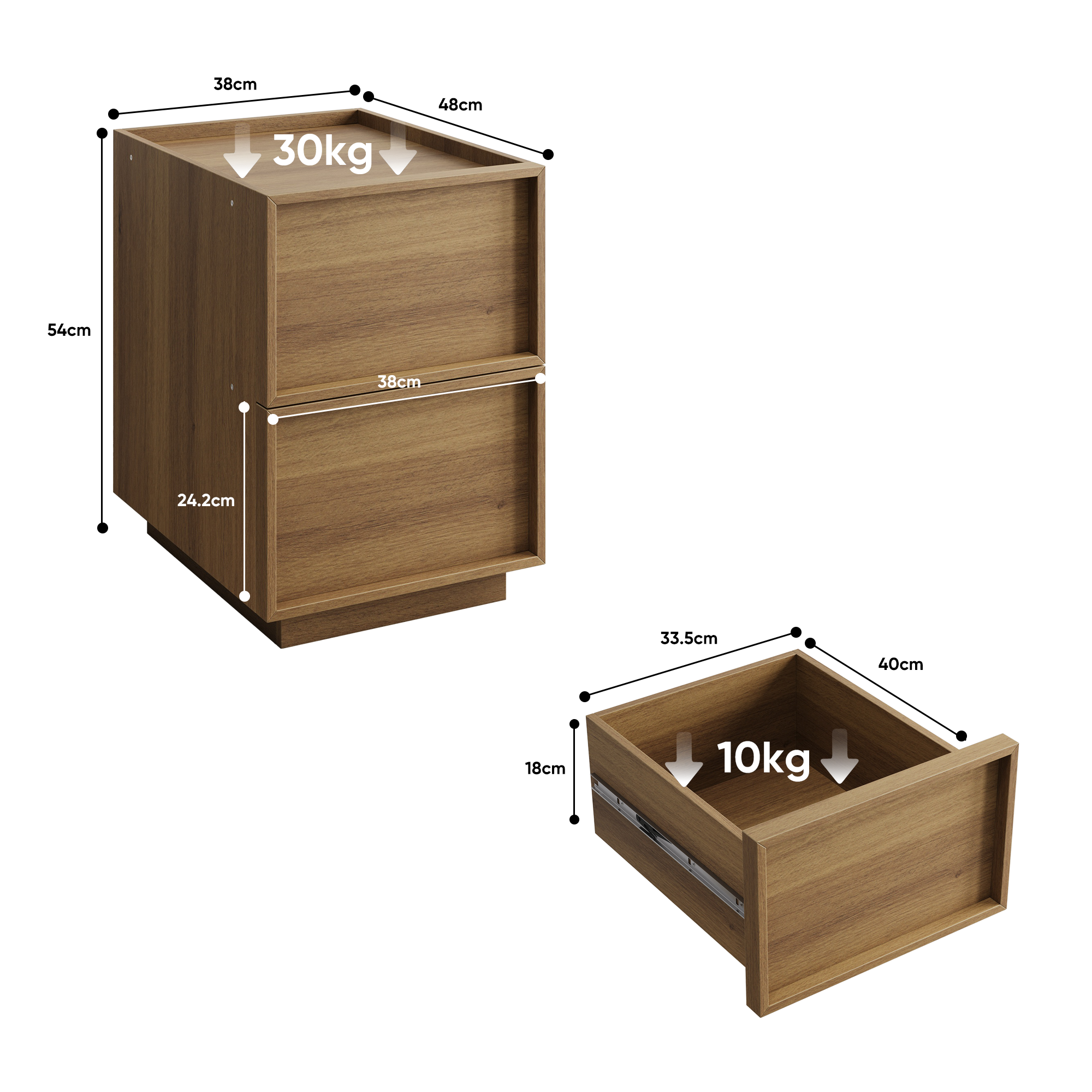 Modern Oak Bedside Table, 2 Pieces, 38 x 48 x 50 cm with Handleless Drawers, Oak Wood