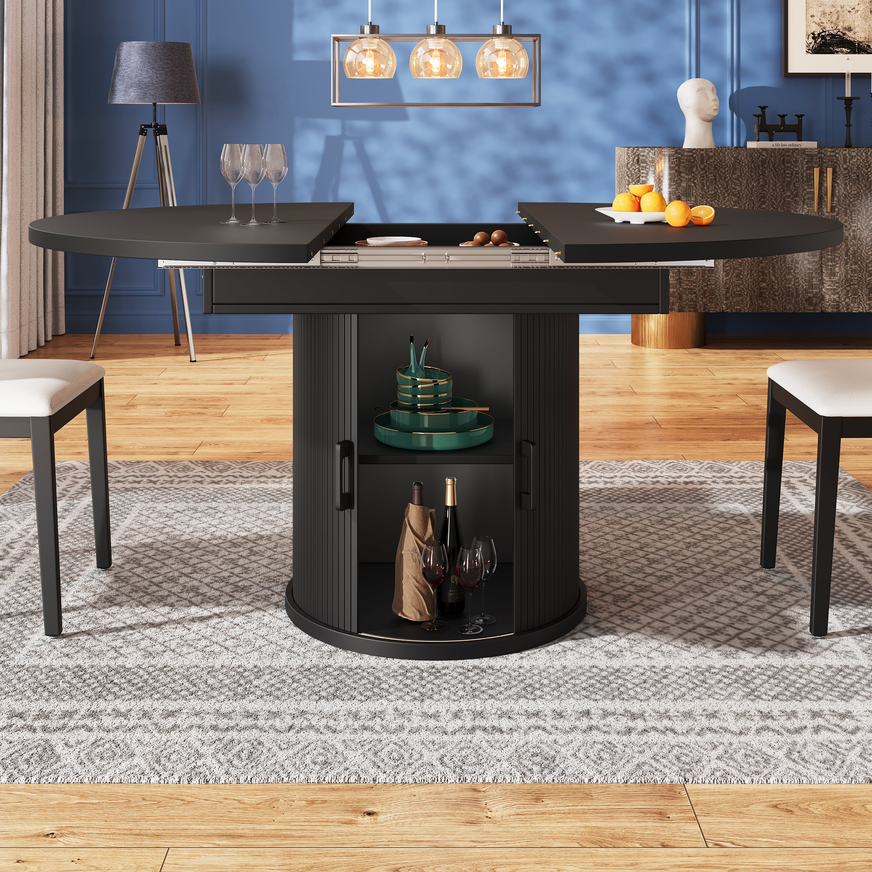 Extendable Dining Table Round to Oval, 118–158 cm, 6 Seater, Walnut/Black