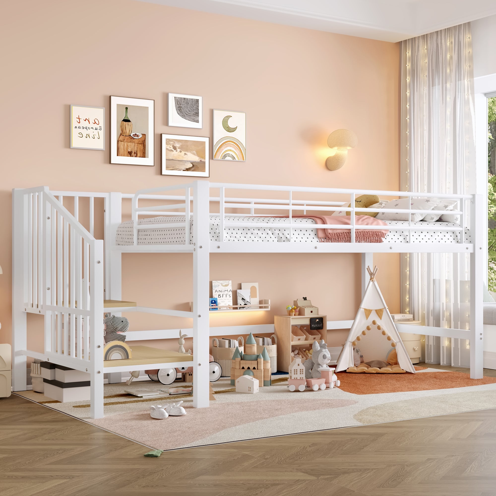 Semi-high Loft Bed 90x200 with Storage Stairs, White