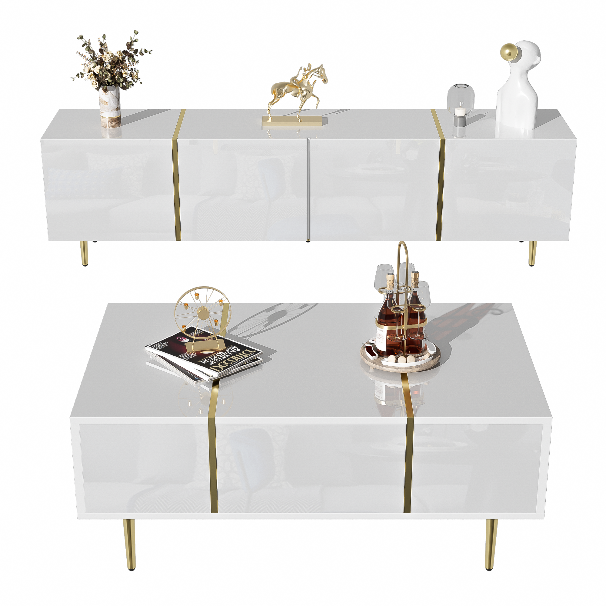 TV cabinet and coffee table set, modern high-gloss white