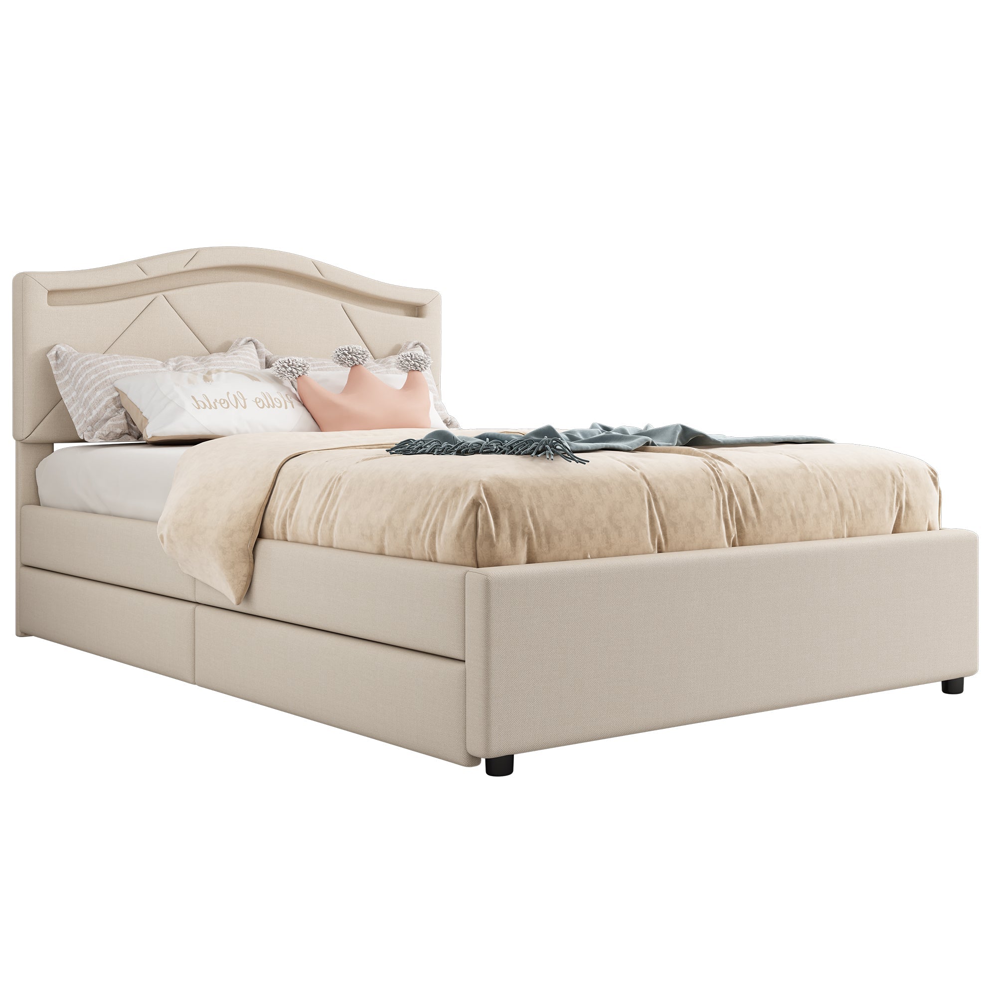 Upholstered Bed 90x200cm LED Lights 2-Drawer Adjustable Headboard Beige Linen