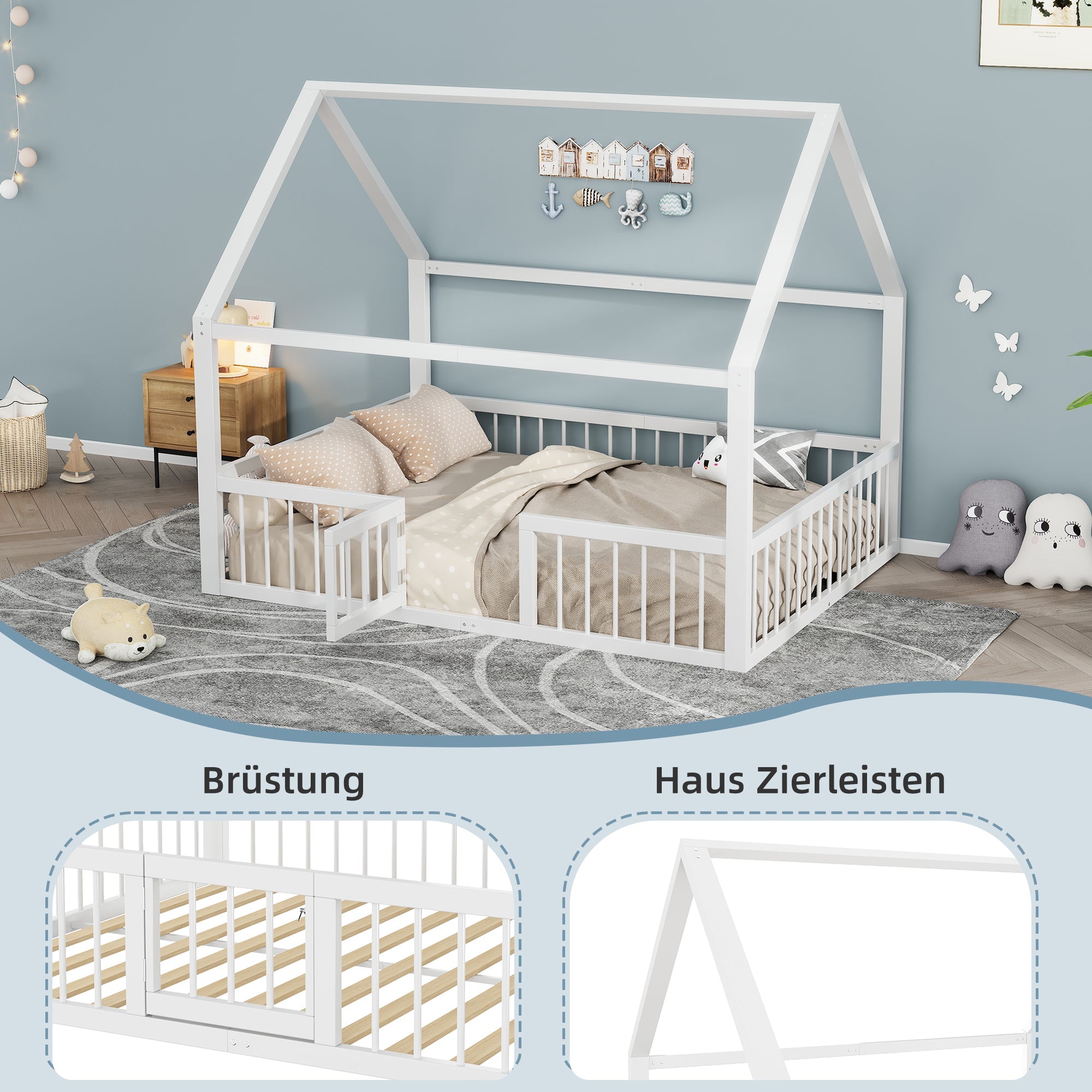 Children's Metal Bed 140x200cm House Design with Railing - White