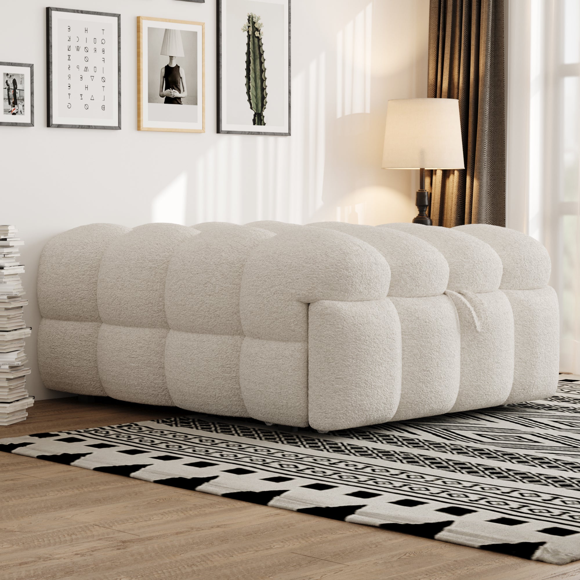 Upholstered Bed 2-in-1 Footstool Pull-out Sofa Bed Single Teddy Fabric Beige